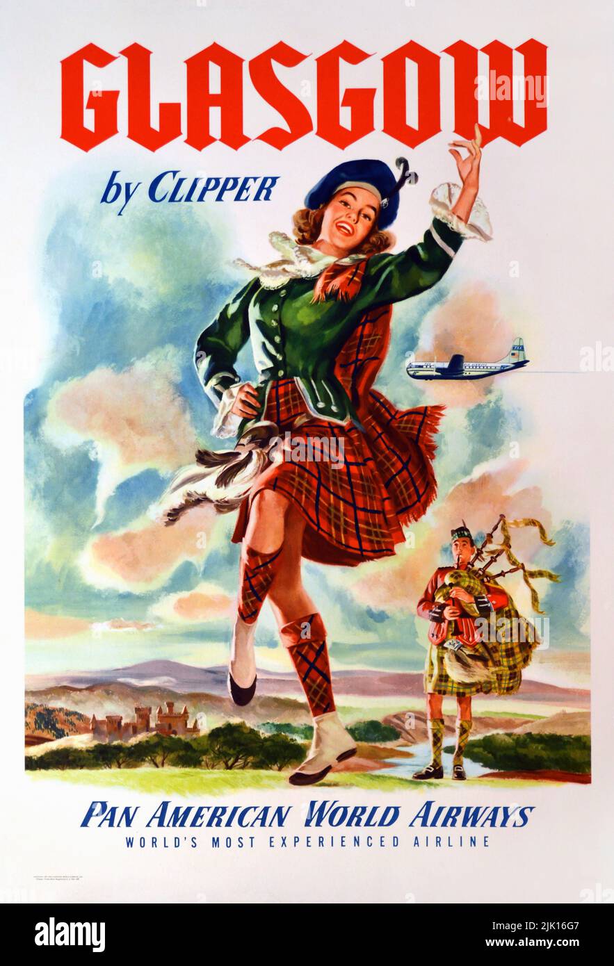 Vintage 1950s Airline Poster- Glasgow by Clipper (Scottish Highland Dancer in Kilt) Stock Photo