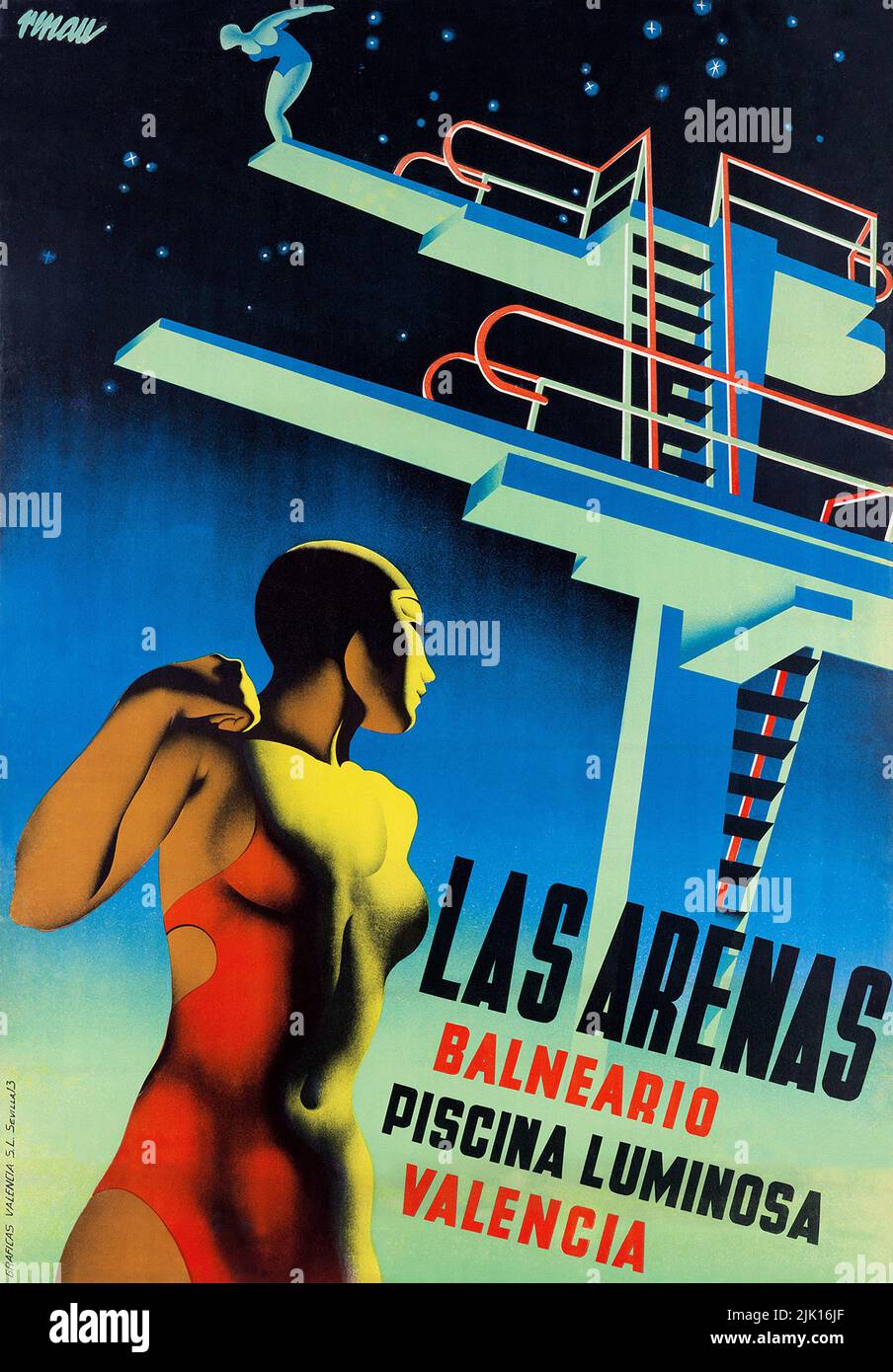 Vintage Art Deco Travel Poster - Valencia LAS ARENAS BALNEARIO PISCINA LUMINOSA. 1932. Stock Photo
