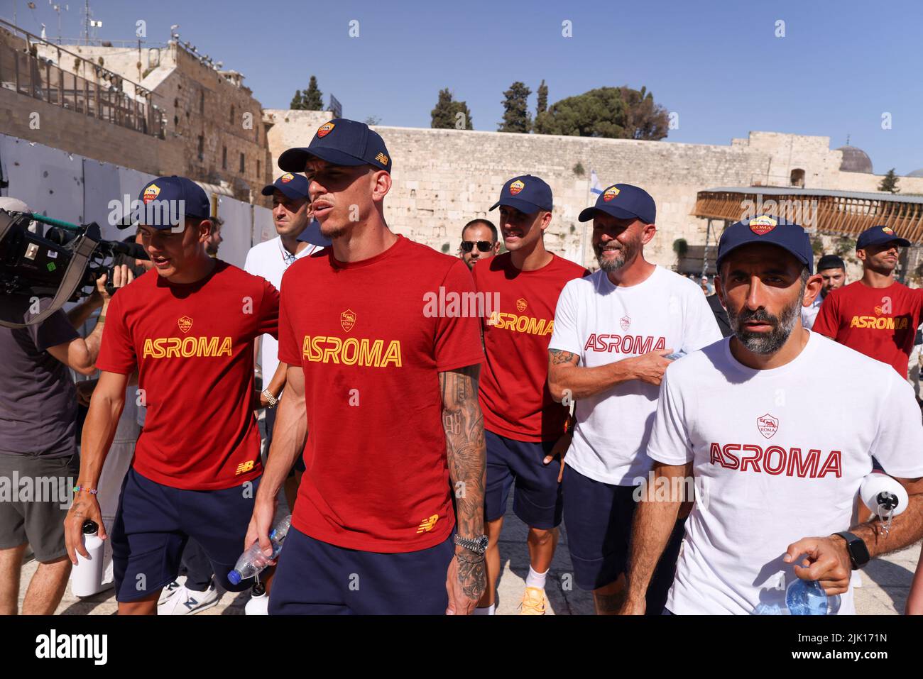 AS Roma's Paulo Dybala, Roger Ibanez da Silva visit the Western Wall, Judaism's holiest prayer site, ahead of a friendly match against Tottenham Hotspur at Sammy Ofer stadium in Haifa on Saturday, in Jerusalem July 29, 2022. REUTERS/Ammar Awad Stock Photo