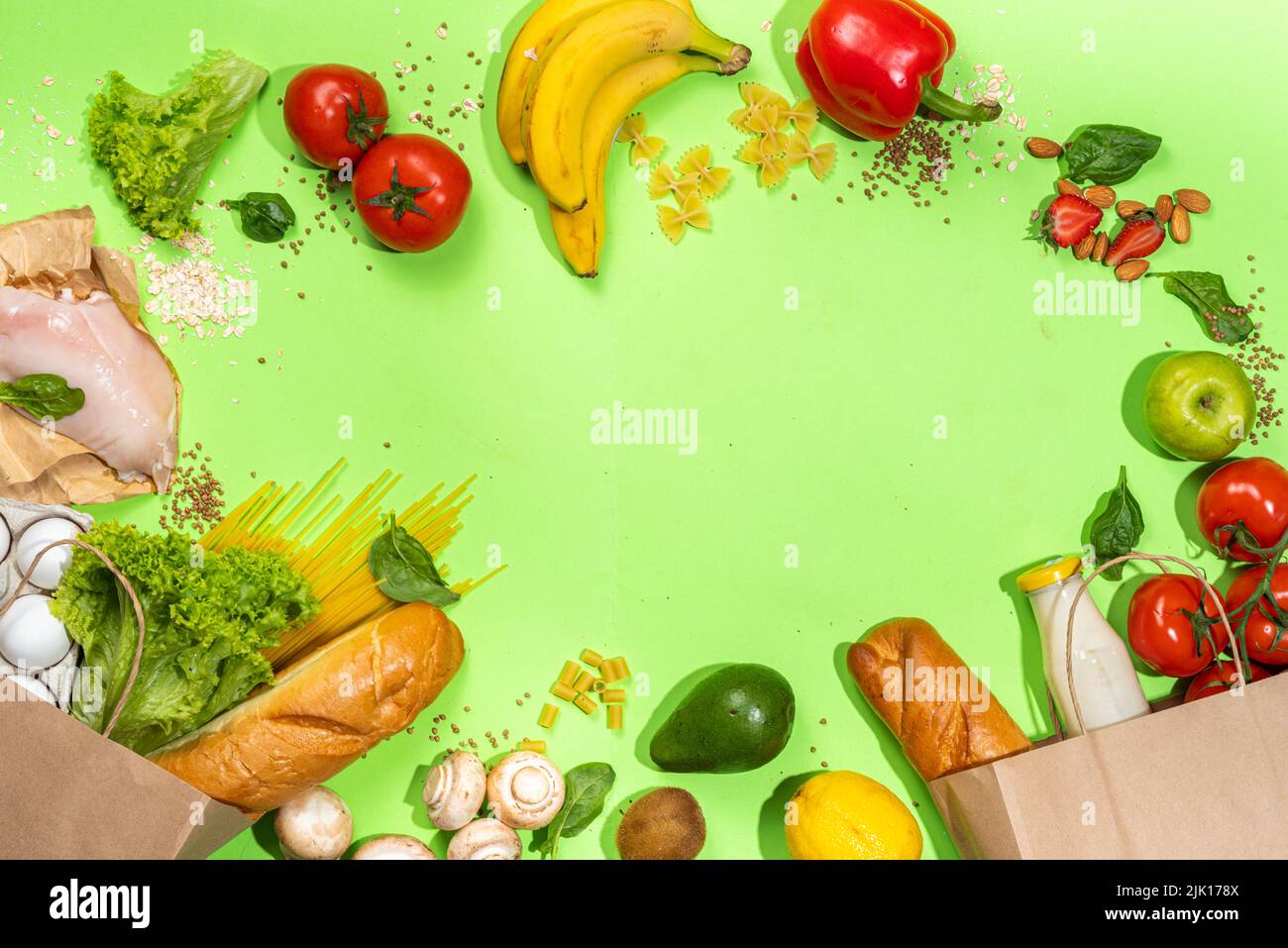 Fresh vegetables, meat, bread fruits in paper grocery bag. Delivery