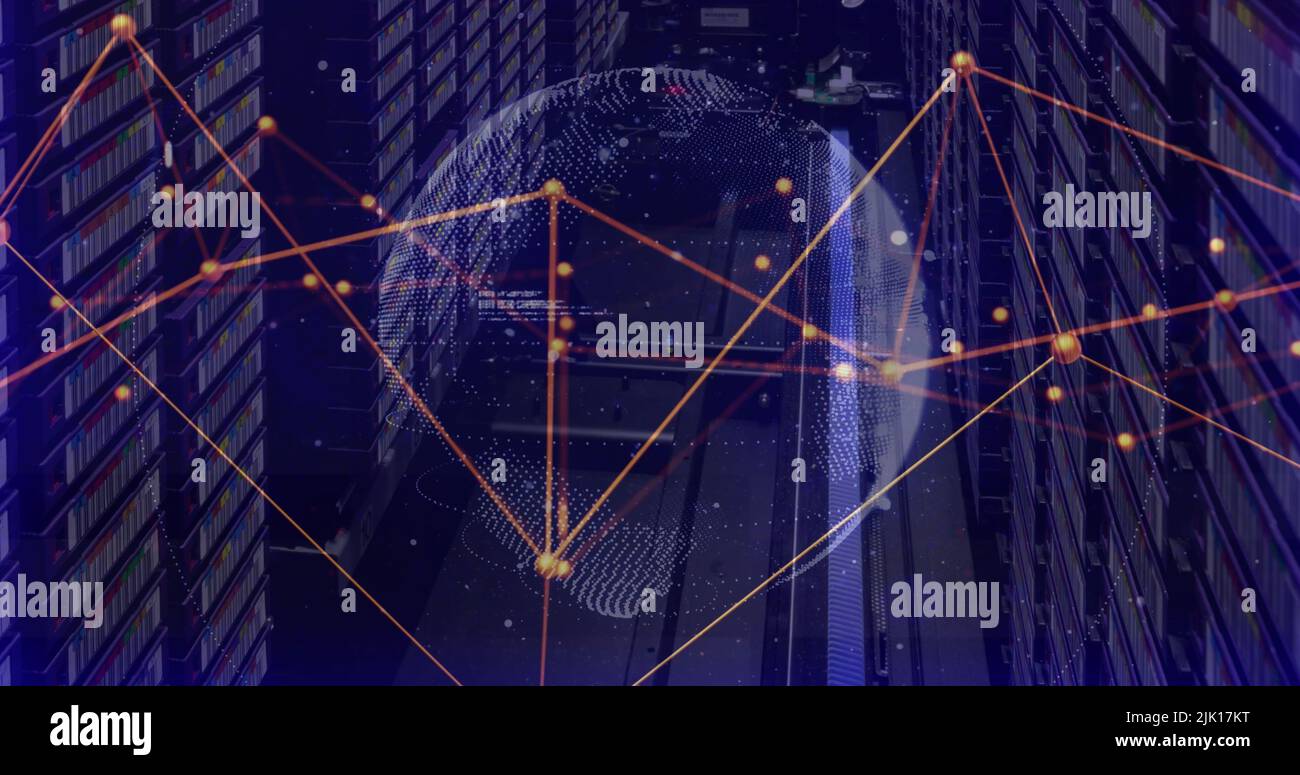 Image of data processing and globe over server room Stock Photo