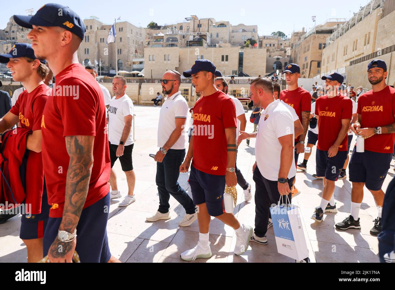 AS Roma players visit the Western Wall, Judaism's holiest prayer site, ahead of a friendly match against Tottenham Hotspur at Sammy Ofer stadium in Haifa on Saturday, in Jerusalem July 29, 2022. REUTERS/Ammar Awad Stock Photo