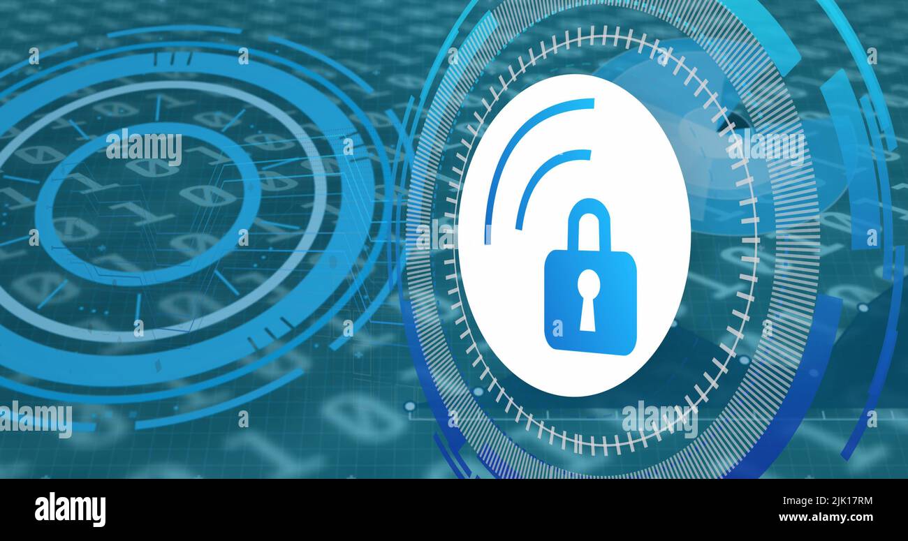 Image of data processing with padlock icon over blue background Stock ...