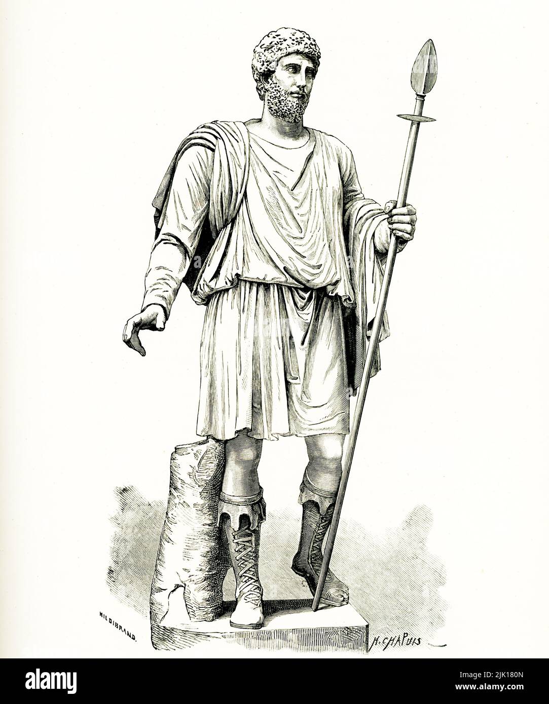 This 1884 image shows: 'Commodus in a hunting costume - a statue of Pentelic Marble in the Vatican Braccio Nuovo [New Wing of Vatican Museum] No 8.' Commodus was the Roman emperor Marcus Aurelius' only surviving son and was hand-picked to succeed his father as emperor. When Commodus was 15, his father named him as co-emperor, and at 17 Commodus joined his father at the frontier encampments where Marcus Aurelius was leading Roman troops to battle. Commodus was crowned emperor at 19, when Marcus Aurelius died. Commodus ruled til he was assassinated in 192. Stock Photo