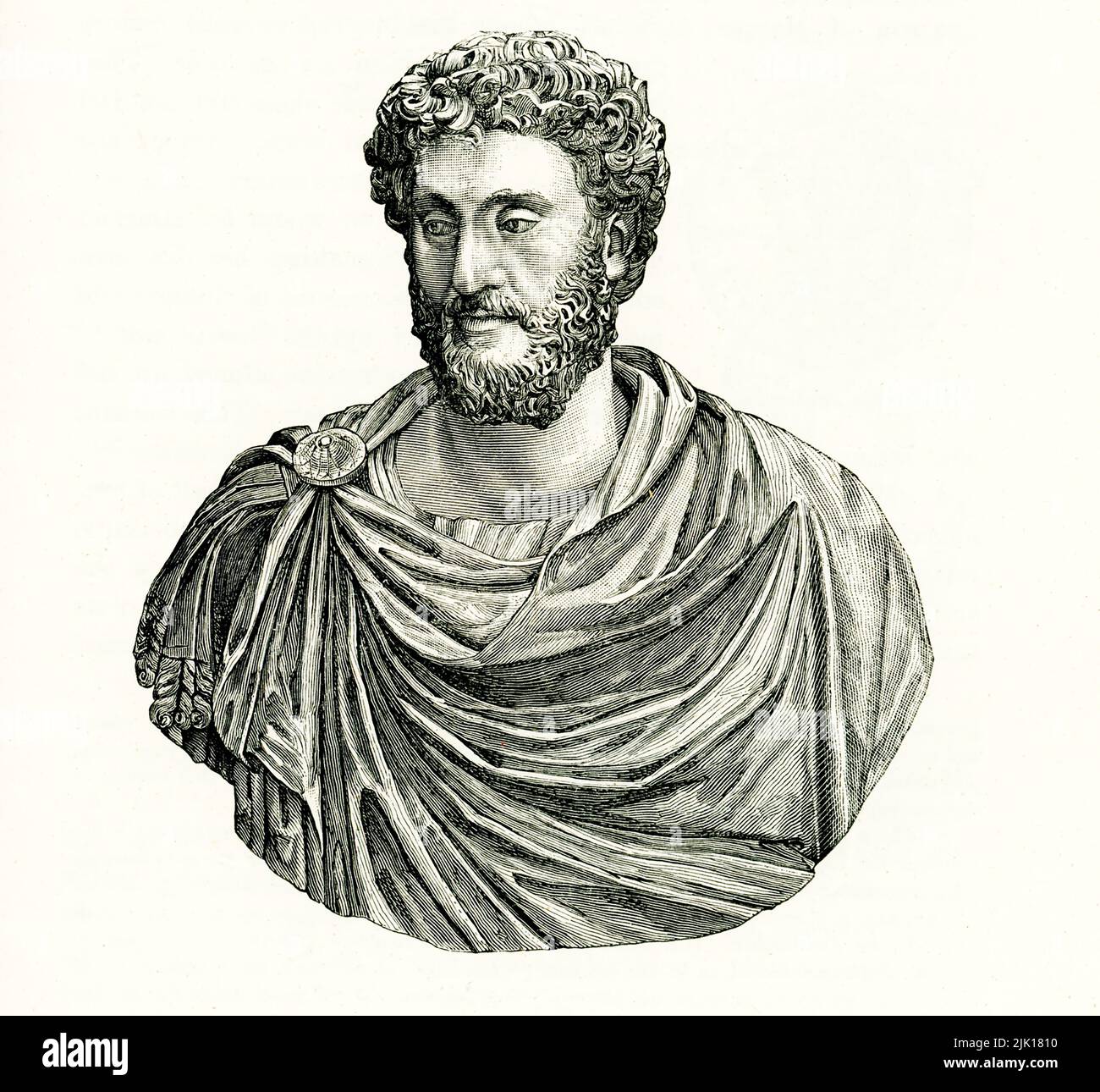 The 1884 caption reads: 'Commodus - marble bust found at Ostia- in Vatican.' Commodus was the Roman emperor Marcus Aurelius' only surviving son and was hand-picked to succeed his father as emperor. When Commodus was 15, his father named him as co-emperor, and at 17 Commodus joined his father at the frontier encampments where Marcus Aurelius was leading Roman troops to battle. Commodus was crowned emperor at 19, when Marcus Aurelius died. Commodus ruled til he was assassinated in 192. Stock Photo