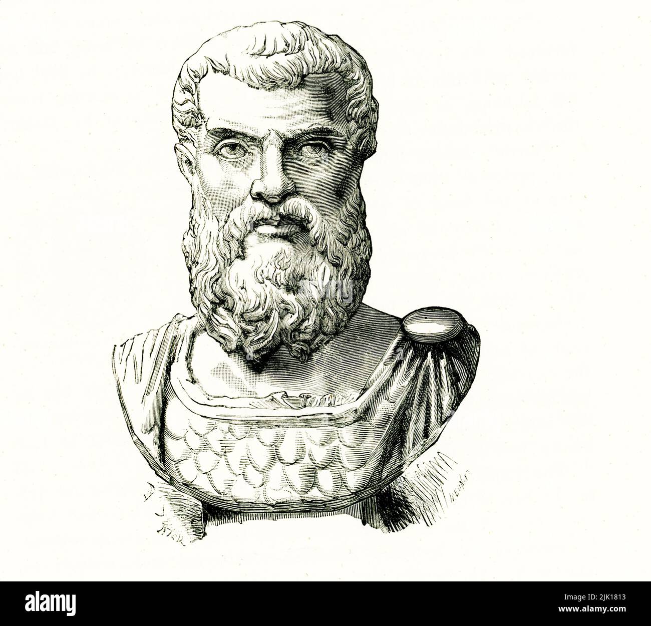 The 1884 caption reads: 'Emperor Pertinax - colossal marble bust found at Pozzuoli.'  Publius Helvius Pertinax was the son of a humble charcoal-burner. After a successful career in the military, as a senator and then as praefect of the city of Rome, he reluctantly accepted the throne offered by the murderers of Commodus. Pertinax immediately began a campaign of reform, which made him quite unpopular. After 86 days in office, a group of mutinous Praetorians broke into the palace and murdered Pertinax in 193 AD Stock Photo