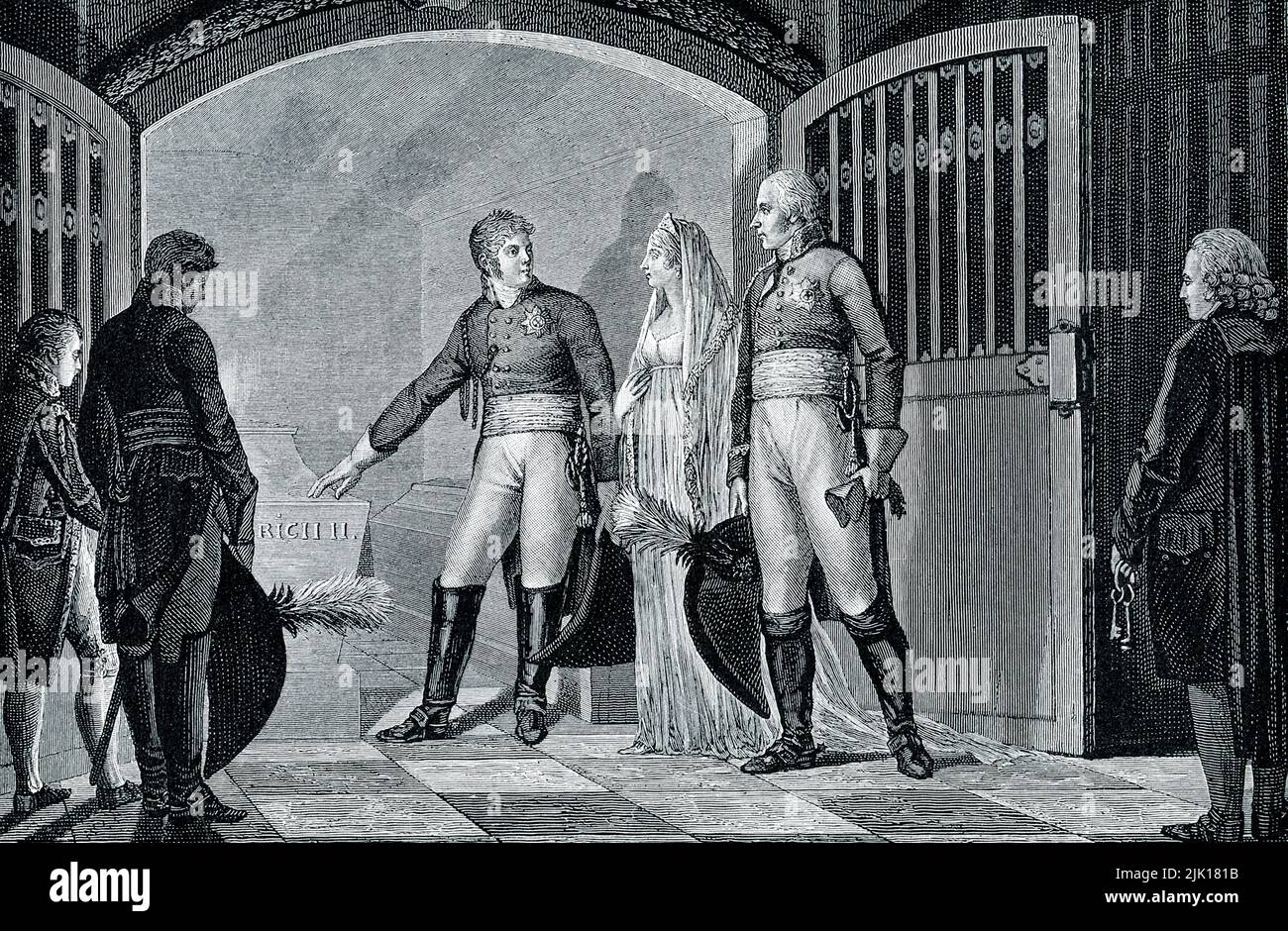 The 1906 caption reads: “ALEXANDER'S OATH AT THE TOMB OF FREDERICK THE GREAT.—Alexander I., who became Czar through the tragic death of Paul, joined Austria and Prussia in opposing Napoleon. With Louise and Frederick William, the sovereigns of Prussia, he went down into the tomb of Prussia's hero, Frederick the Great, and there with solemn enthusiasm the monarchs swore to stand together in resistance to French aggression.” Alexander I was Emperor of Russia from 1801 to his death in 1825. Stock Photo