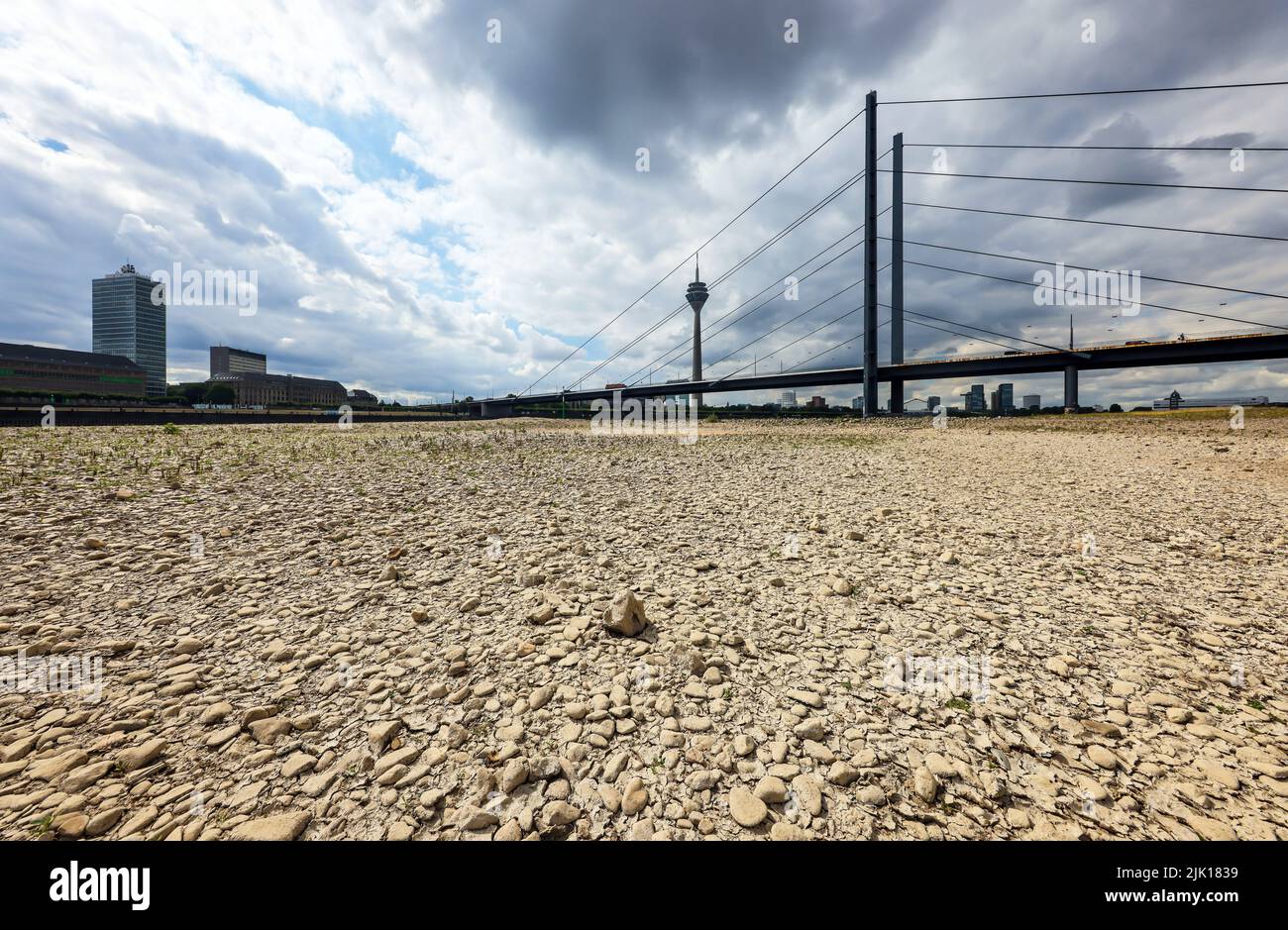Duesseldorf, North Rhine-Westphalia, Germany - Dry riverbed in the Rhine in front of Rhine bridge and Rhine tower. After a long drought, the Rhine lev Stock Photo