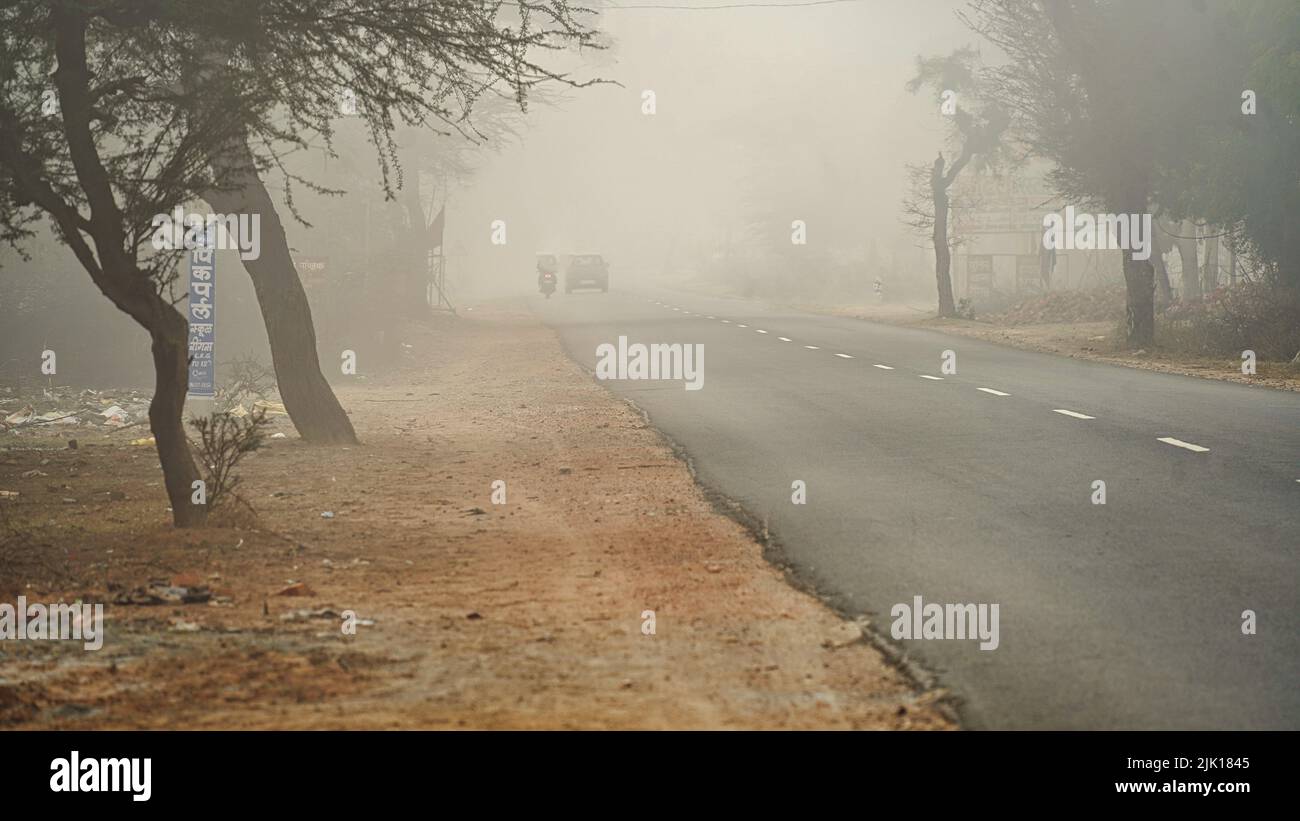 Road in foggy forest in rainy day in spring. Beautiful trees with green foliage in fog and overcast sky. Landscape with empty asphalt road through woo Stock Photo