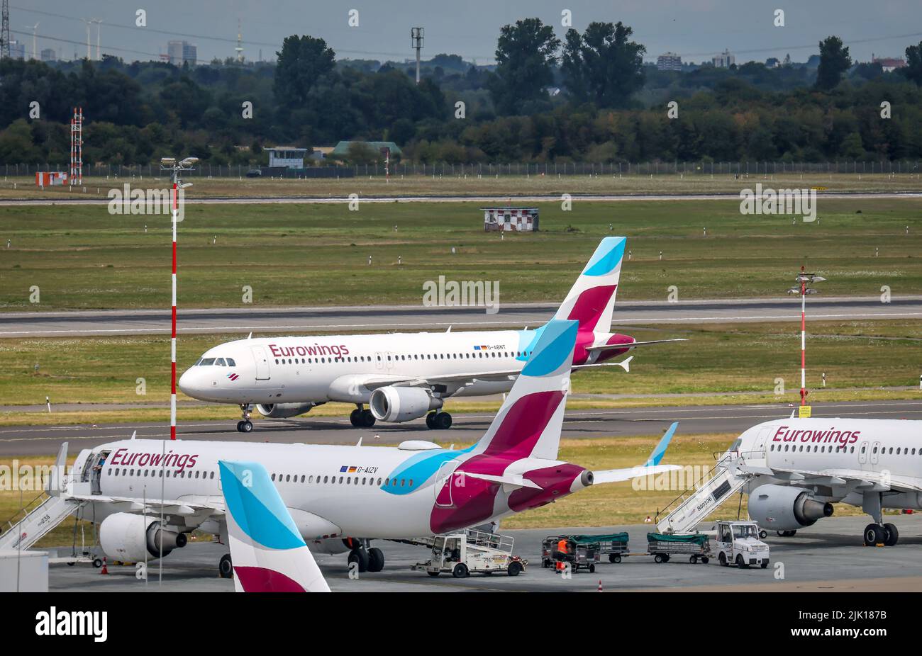 Duesseldorf, North Rhine-Westphalia, Germany - Duesseldorf Airport, aircraft of the airline Eurowings in parking position on the day of the warning st Stock Photo