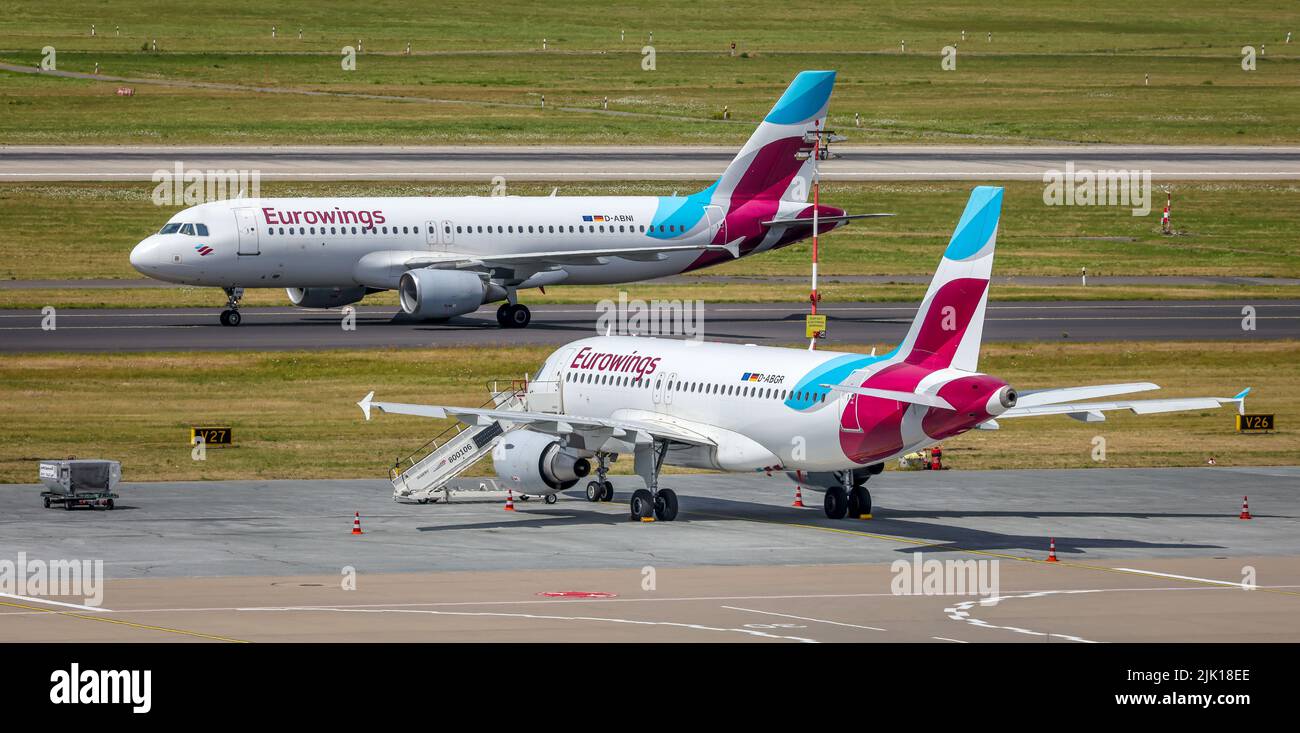 Duesseldorf, North Rhine-Westphalia, Germany - Duesseldorf Airport, aircraft of the airline Eurowings on the day of the warning strike by Lufthansa gr Stock Photo