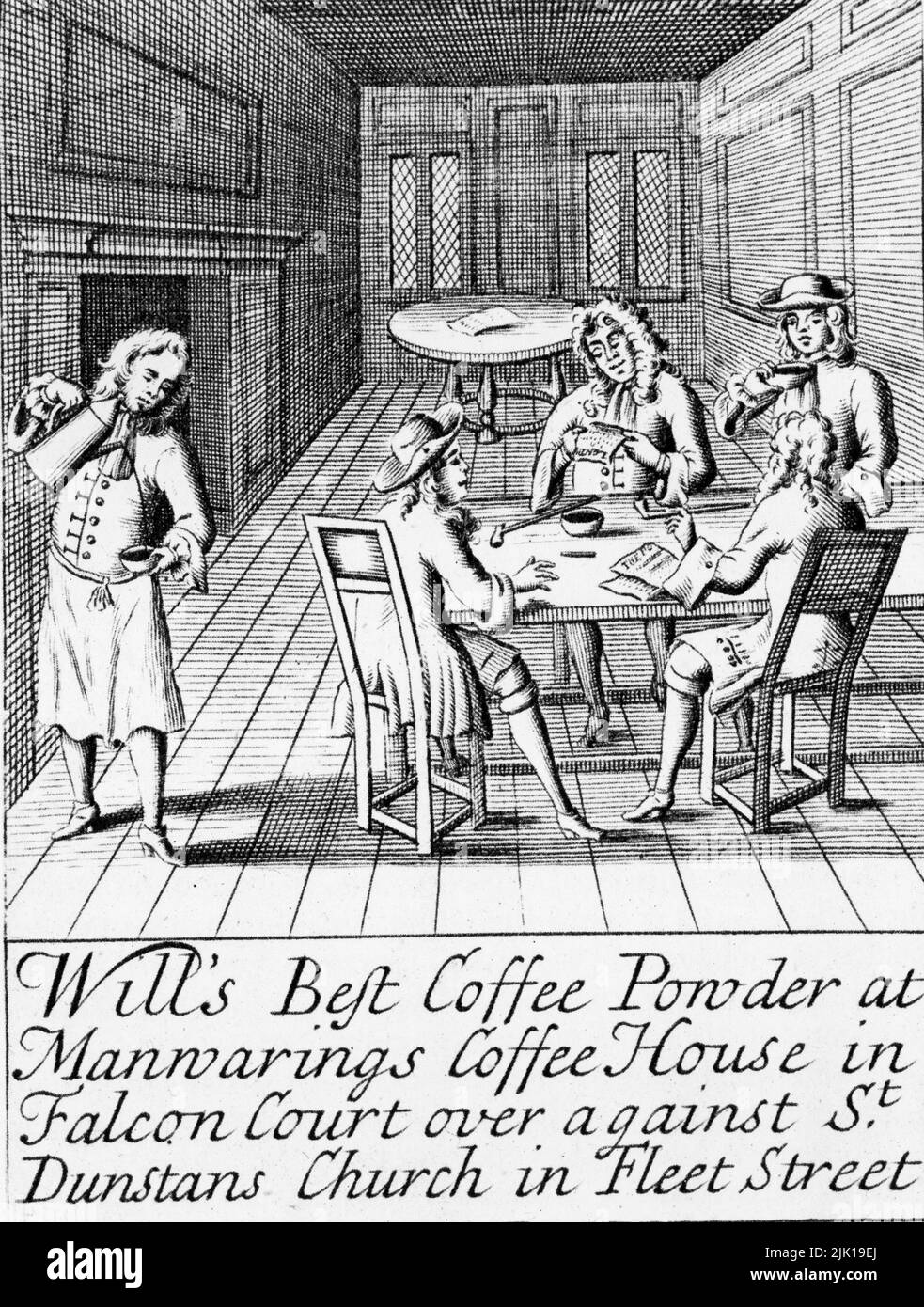 Trade card for Will’s Best Coffee Powder at Manwarings Coffee House, c1700. An illustration of Manwarings Coffee House, Falcon Court, Nr St Dunstan-in-the-West, Fleet Street, London. English coffeehouses in the 17th and 18th centuries were public social places where men would meet for conversation and commerce. Stock Photo