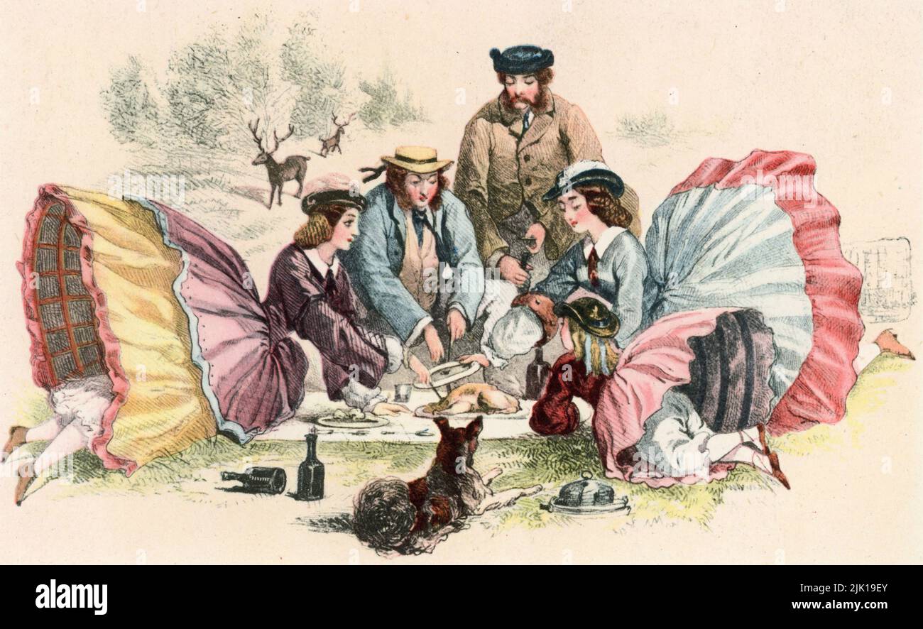 A Victorian Picnic, c1860. The English left the 'hunter's meal' unnamed until after 1806, when they began calling most alfresco meals a picnic. The picnic continued to grow in popularity during the 19th century. The picnic menus within Mrs Beeton's 'Book of Household Management', 1861, are lavish and extravagant. Stock Photo