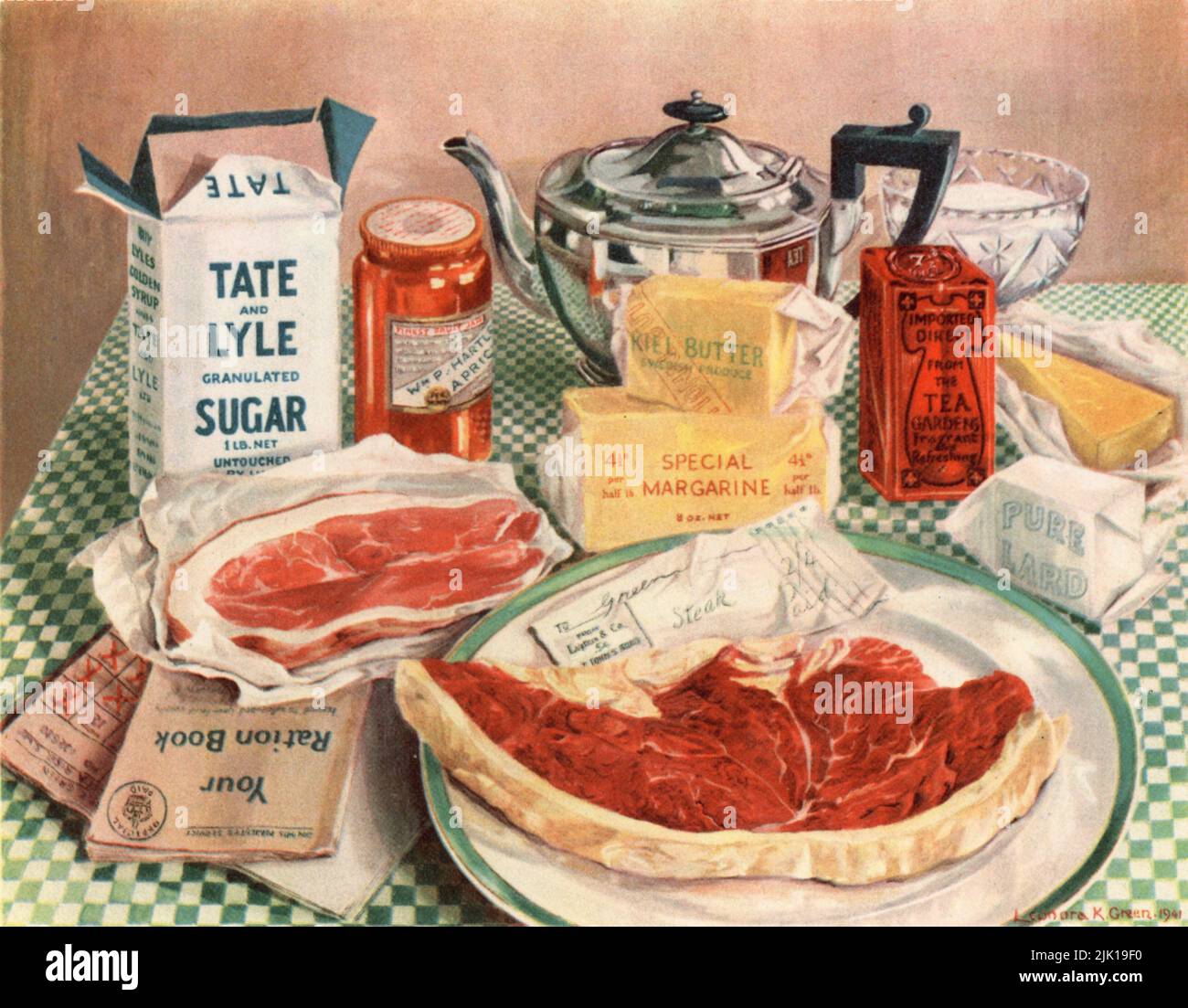 'Coupons Required', 1941. By Leonora Kathleen Green (1901-1966). Pictured, the weekly war rations for two in 1941. The British government introduced food rationing in January 1940. The Ministry of Food was responsible for overseeing rationing. Every man, woman and child was given a ration book with coupons. These were required to purchase rationed goods. Stock Photo