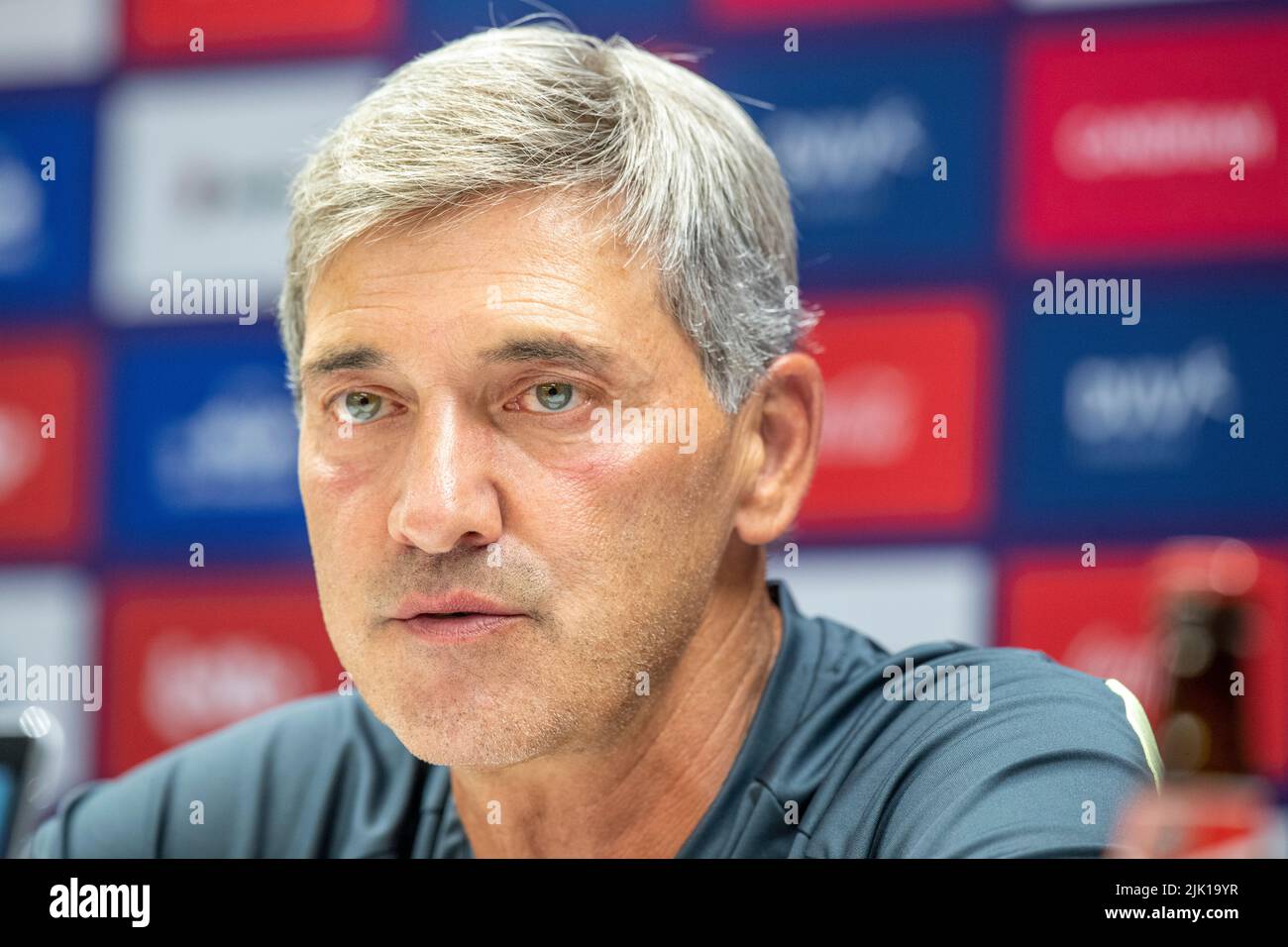 Brussels, Belgium. 29th July, 2022. Anderlecht head coach Felice Mazzu pictured during the weekly press conference of Belgian soccer team RSC Anderlecht, Friday 29 July 2022 in Brussels, to discuss the next game in the national competition. BELGA PHOTO NICOLAS MAETERLINCK Credit: Belga News Agency/Alamy Live News Stock Photo