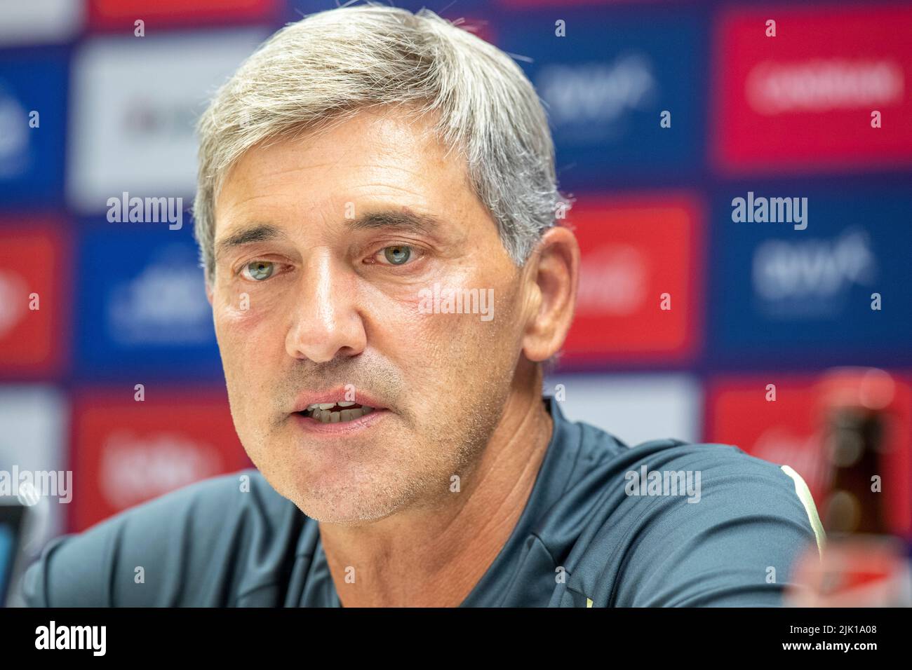 Brussels, Belgium. 29th July, 2022. Anderlecht head coach Felice Mazzu pictured during the weekly press conference of Belgian soccer team RSC Anderlecht, Friday 29 July 2022 in Brussels, to discuss the next game in the national competition. BELGA PHOTO NICOLAS MAETERLINCK Credit: Belga News Agency/Alamy Live News Stock Photo