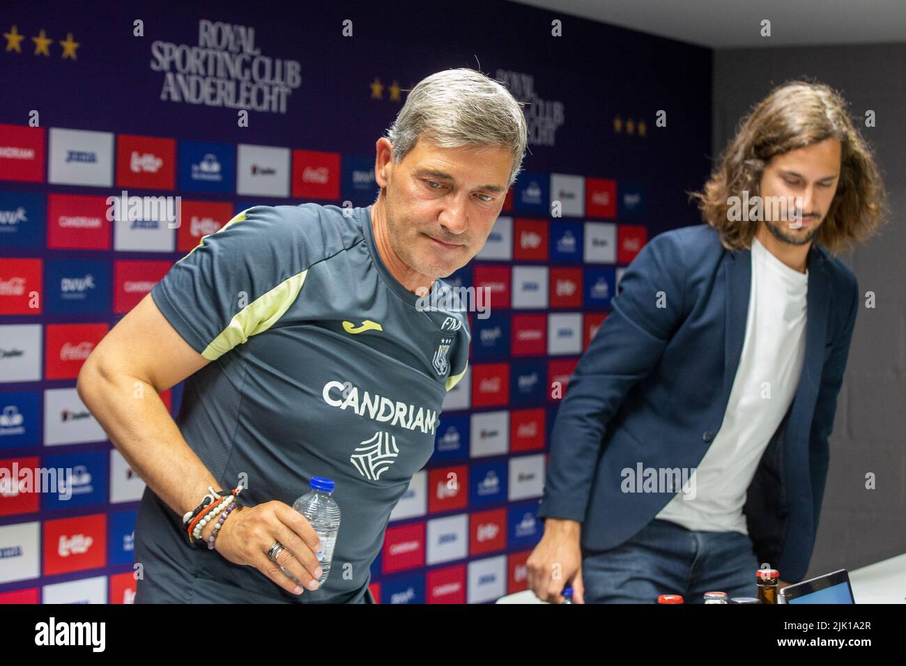 Brussels, Belgium. 29th July, 2022. Anderlecht head coach Felice Mazzu and Anderlecht's spokesman Mathias Declercq pictured during the weekly press conference of Belgian soccer team RSC Anderlecht, Friday 29 July 2022 in Brussels, to discuss the next game in the national competition. BELGA PHOTO NICOLAS MAETERLINCK Credit: Belga News Agency/Alamy Live News Stock Photo