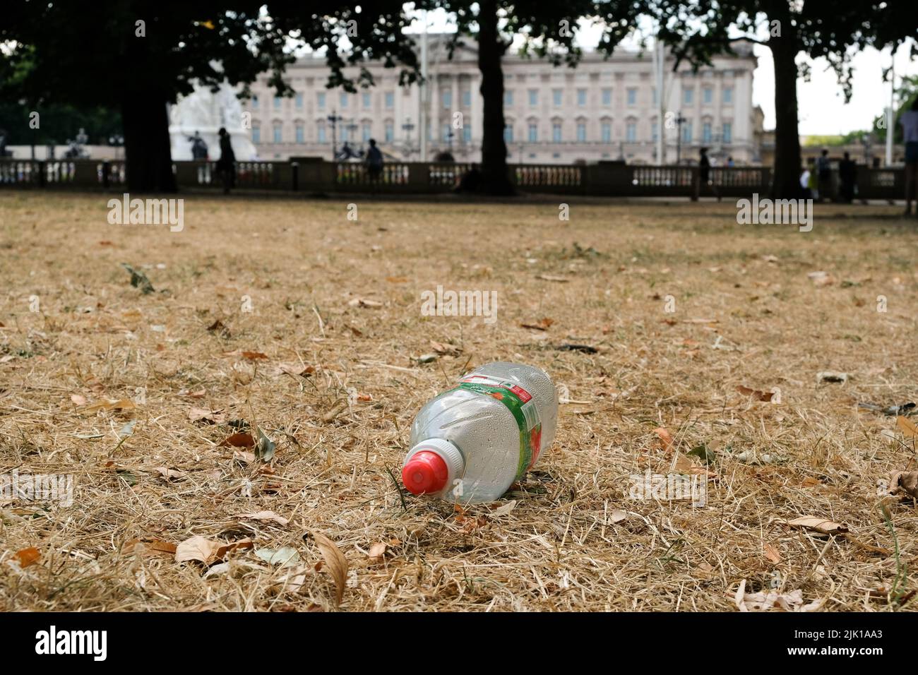 Green Park, London, UK. 29th July 2022. UK Weather: drought warnings for parts of the UK. water bottle and dry grass in Green Park, London. Credit: Matthew Chattle/Alamy Live News Stock Photo
