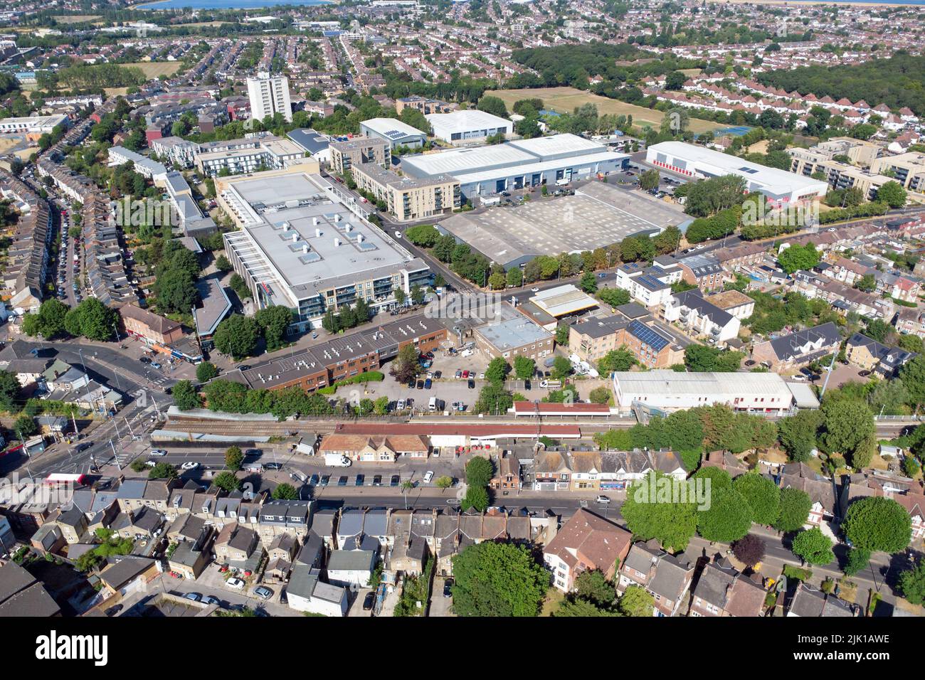 Aerial view of the area of Highams Park including the railway line and Tesco store. London Stock Photo