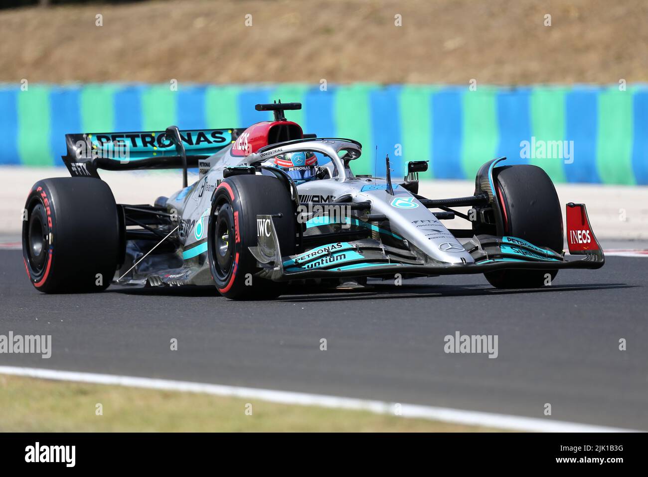 George Russell of Mercedes AMG Petronas F1 Team on track during free practice 1 ahead of the F1 Grand Prix of Hungary Stock Photo