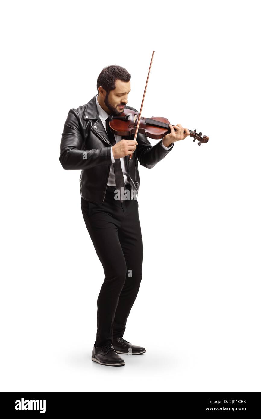 Full length shot of a young trendy man playing a violin isolated on white background Stock Photo