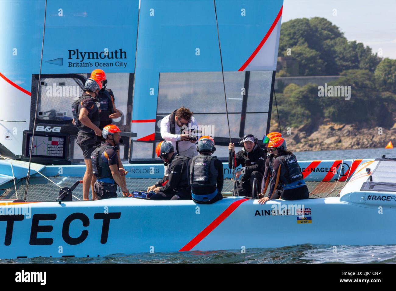 SailGP, Plymouth, UK. 29th July, 2022. Friday is practice day for the Great British Sail Grand Prix, as Britain's Ocean City hosts the third event of Season 3 as the most competitive racing on water. The event returns to Plymouth on 30-31 July. Credit: Julian Kemp/Alamy Live News Stock Photo