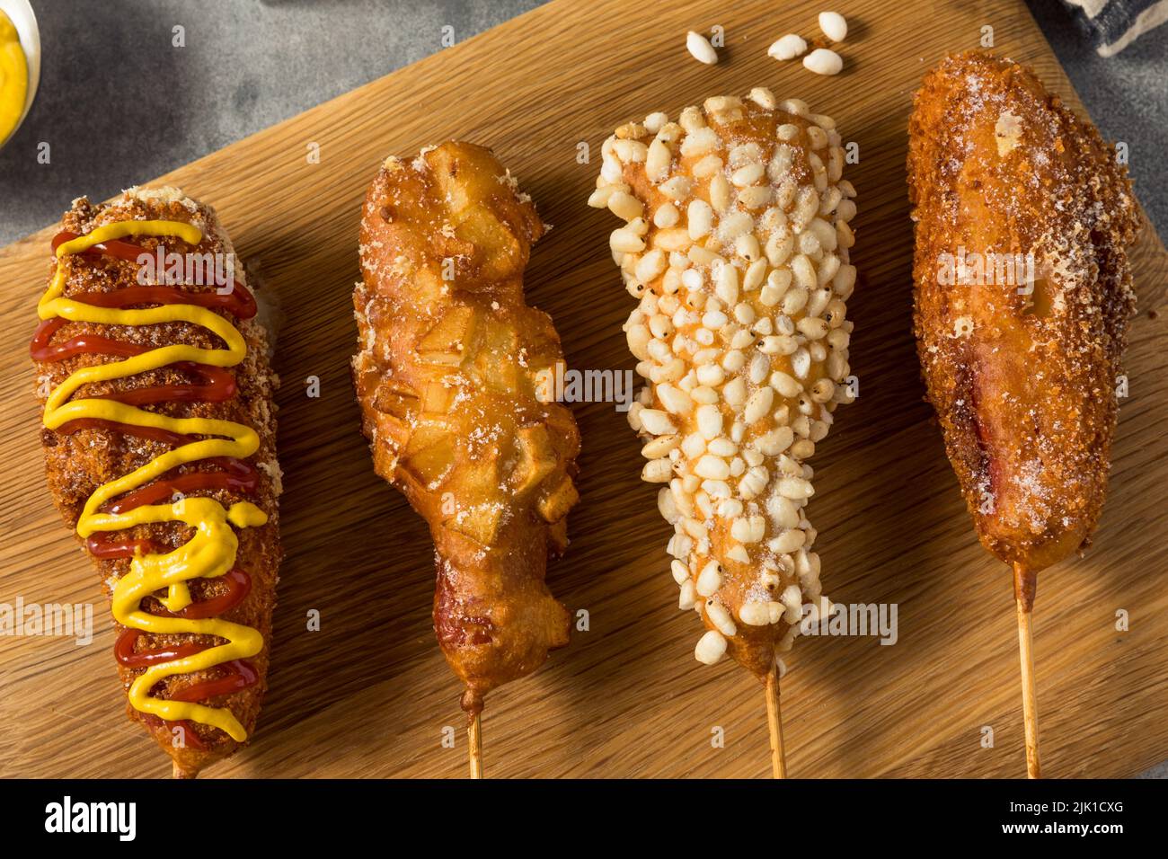 Homemade Fried Korean Corn Dog with Potatoes and Rice Toppings Stock