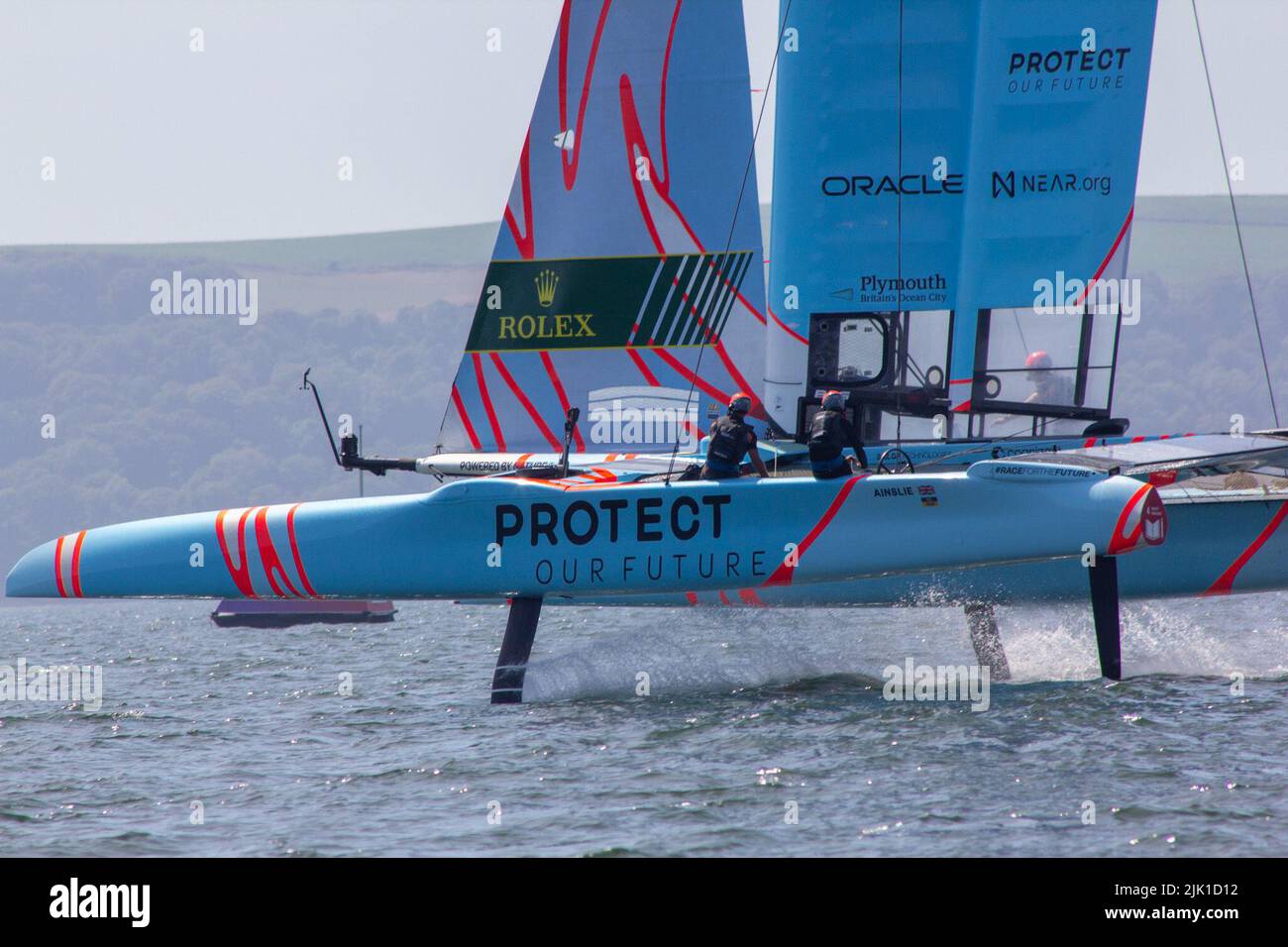 SailGP, Plymouth, UK. 29th July, 2022. Friday is practice day for the Great British Sail Grand Prix, as Britain's Ocean City hosts the third event of Season 3 as the most competitive racing on water. The event returns to Plymouth on 30-31 July. Credit: Julian Kemp/Alamy Live News Stock Photo