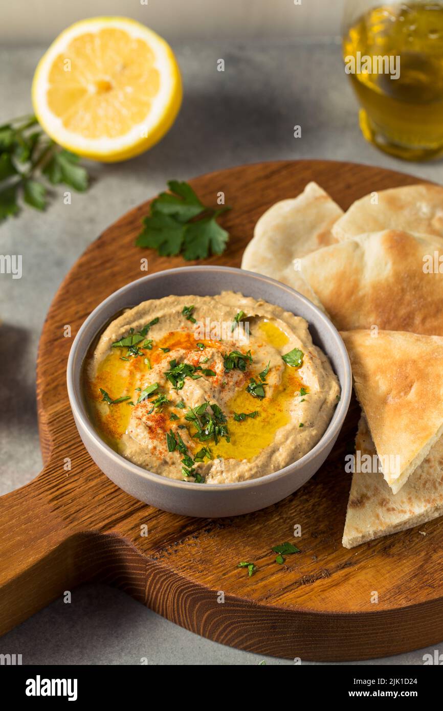 Homemade Eggplant Babaganoush Dip with Olive Oil and Pita Bread Stock