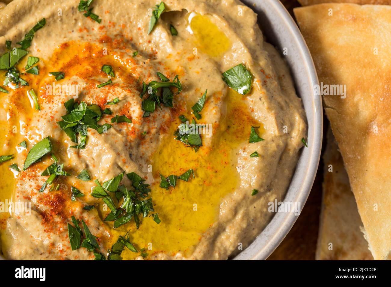 Homemade Eggplant Babaganoush Dip with Olive Oil and Pita Bread Stock