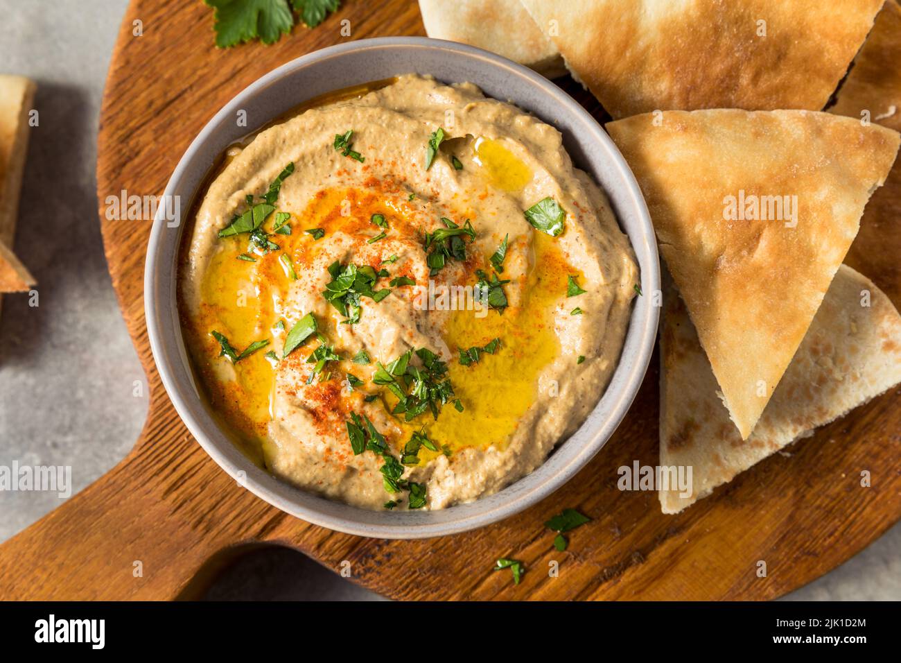 Homemade Eggplant Babaganoush Dip with Olive Oil and Pita Bread Stock