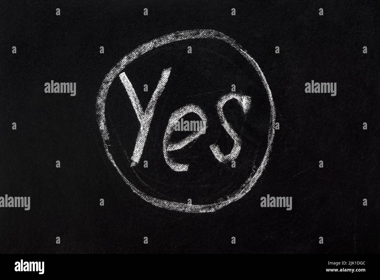 Circled word yes message board school. Decision. Say Yes sign right choice. Correct icon chalk text YES inscription on black chalkboard writing chalk Stock Photo