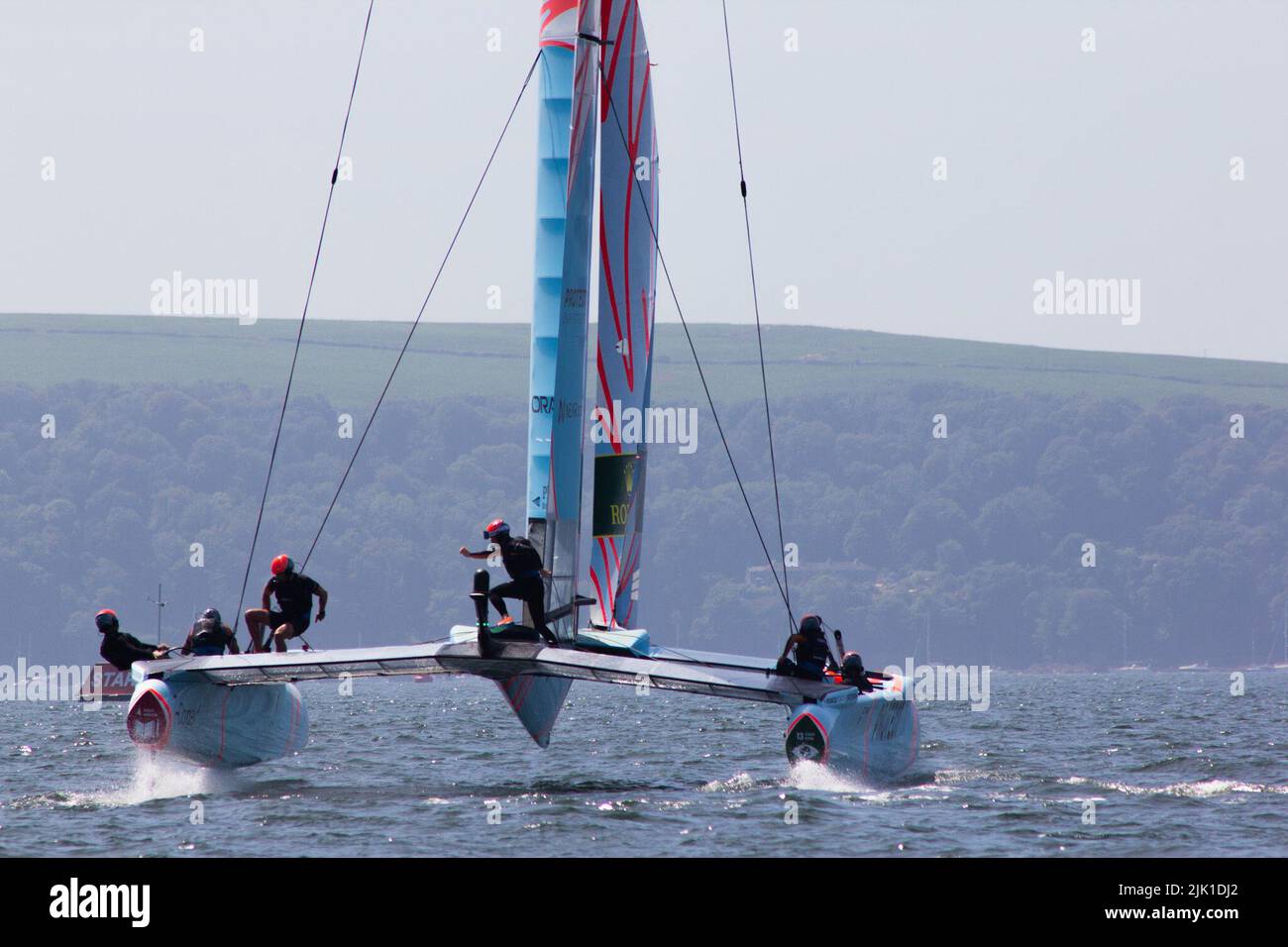 SailGP, Plymouth, UK. 29th July, 2022. Friday is practice day for the Great British Sail Grand Prix, as Britain's Ocean City hosts the third event of Season 3 as the most competitive racing on water. The event returns to Plymouth on 30-31 July. Credit: Julian Kemp/Alamy Live News Stock Photo