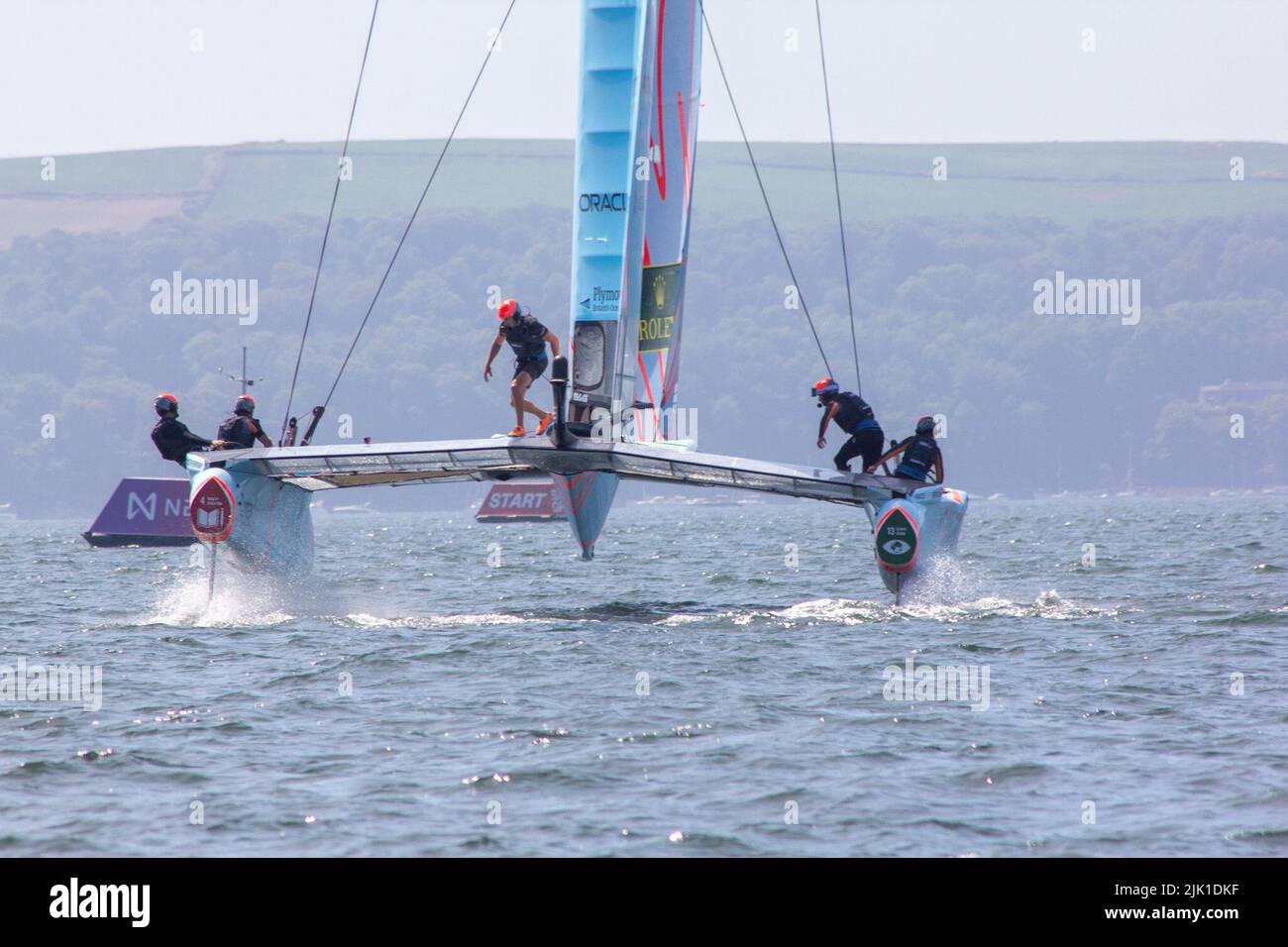 SailGP, Plymouth, UK. 29th July, 2022. Friday is practice day for the Great British Sail Grand Prix, as Britain's Ocean City hosts the third event of Season 3 as the most competitive racing on water. The event returns to Plymouth on 30-31 July. Credit: Julian Kemp/Alamy Live News Stock Photo