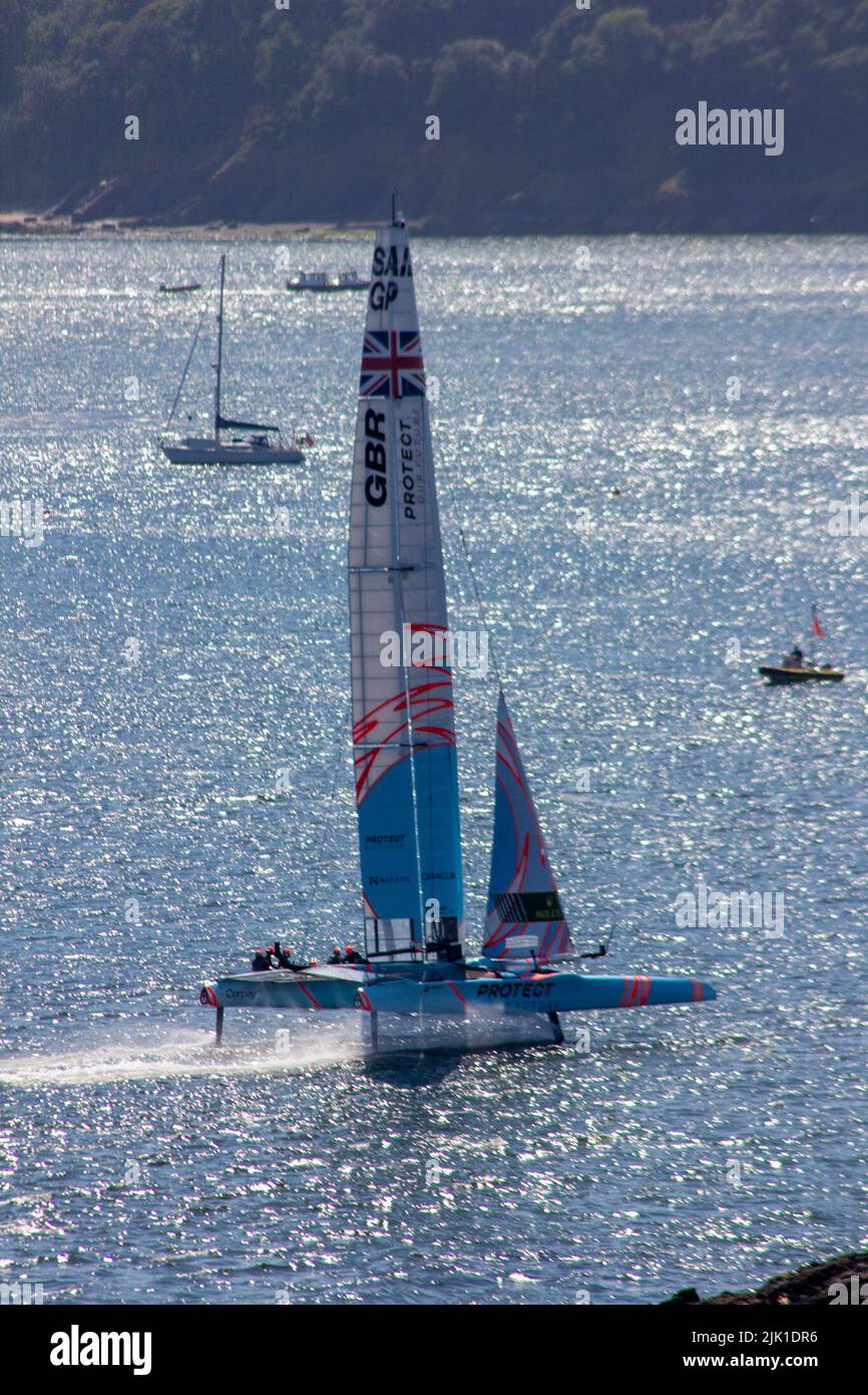 SailGP, Plymouth, UK. 29th July, 2022. Friday is practice day for the Great British Sail Grand Prix, as Britain's Ocean City hosts the third event of Season 3 as the most competitive racing on water. The event returns to Plymouth on 30-31 July. Credit: Julian Kemp/Alamy Live News Stock Photo