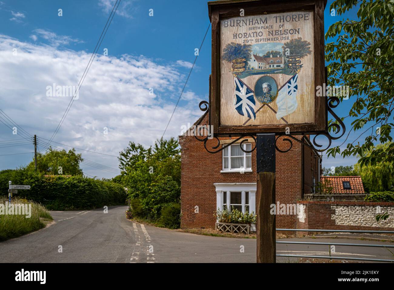 Village sign at Burnham Thorpe in Norfolk which was the birthplace of Admiral Lord Nelson. Stock Photo