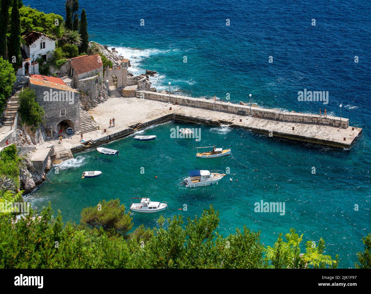 View of Trsteno harbor from the arboretum (Trsteno Arboretum, Dalmatia, Dubrovnik-Neretva County, Croatia). Stock Photo