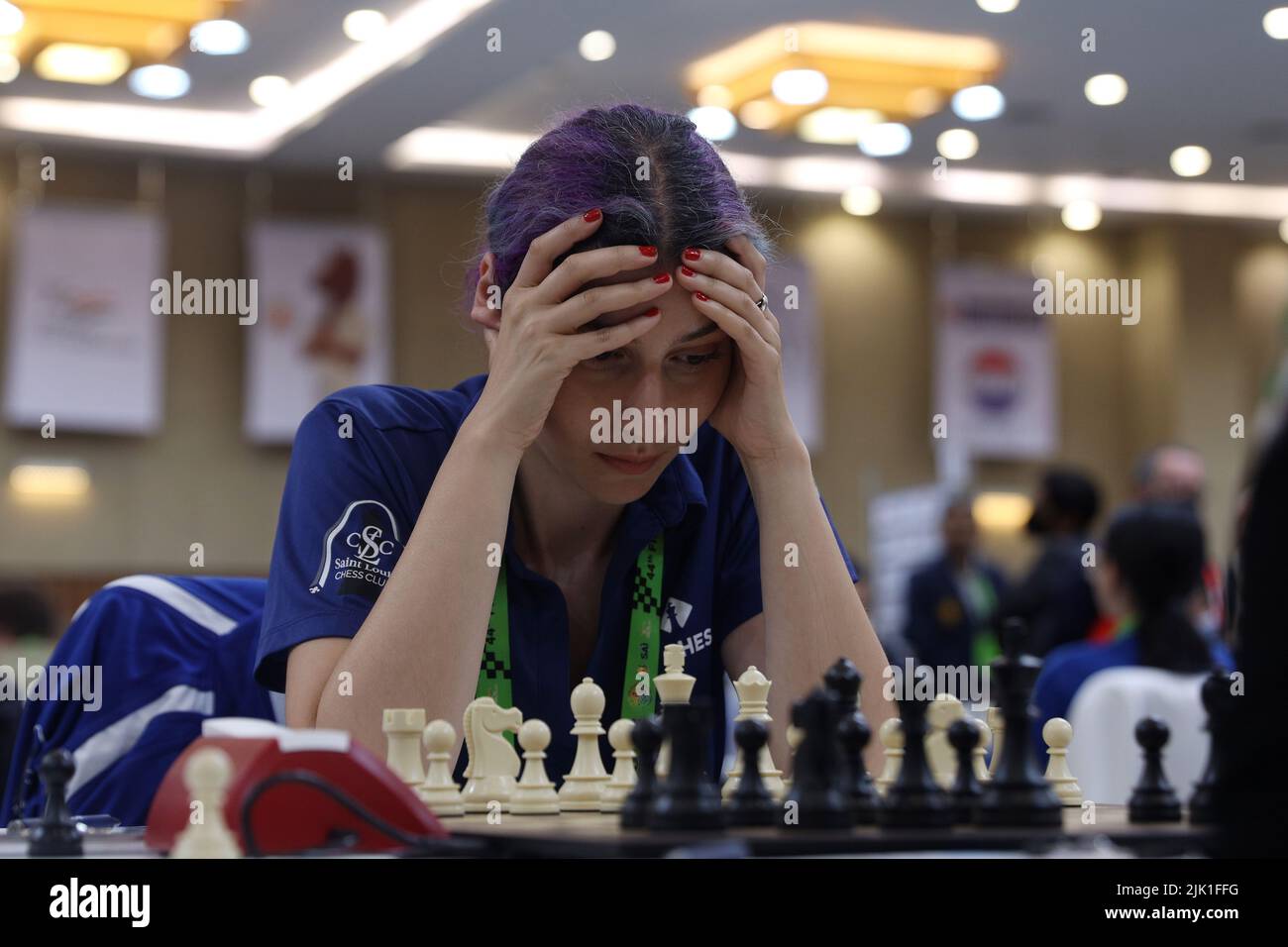 Chennai, Tamil Nadu, India. 29th July, 2022. A chess player gestures prior  the next move during the first round of the 44th Chess Olympiad in Chennai.  The total number of participants is