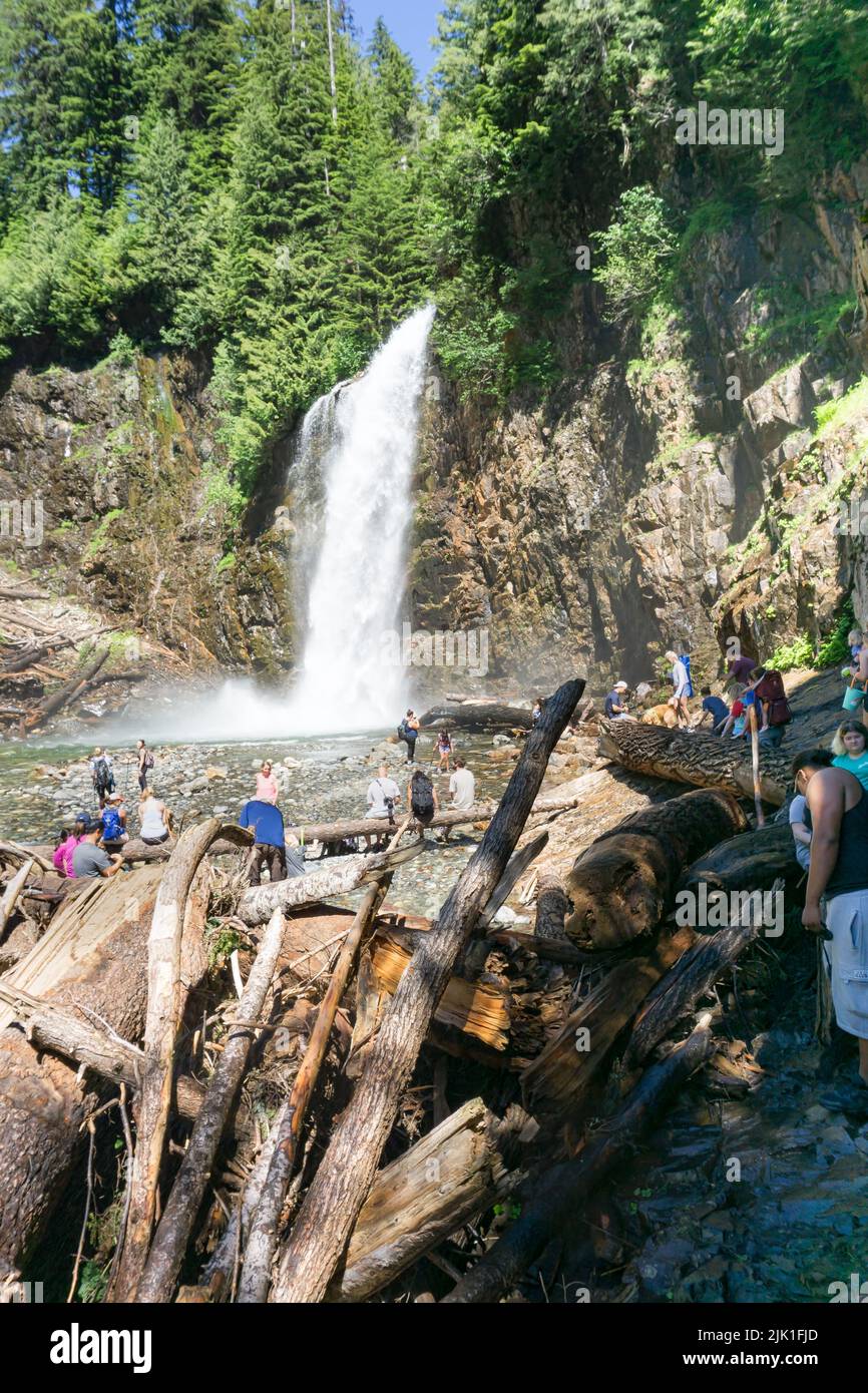 Sightseers enjoy Frankline Falls in Washington State. Stock Photo