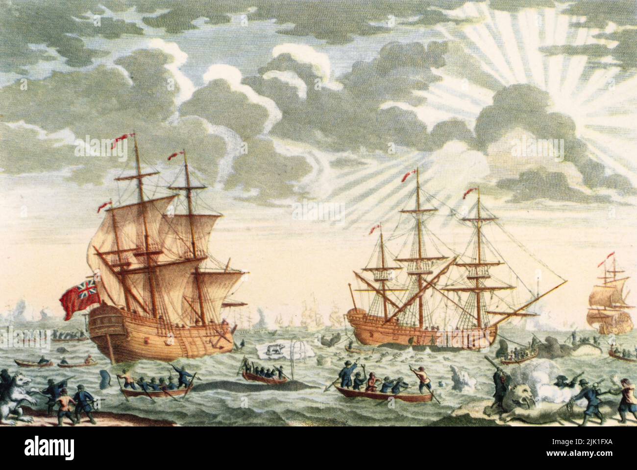 Whale or Greenland Fishery, c1721. By Elisha Kirkall (c1682-1742), after Thomas Baston fl(1699-1730). Typically considered as the first stand-alone British whaling print, the imagery is drawn from earlier Dutch examples. The print shows an Arctic scene, in which whalers are in action. A polar bear and walrus can be seen being killed in the foreground. Stock Photo