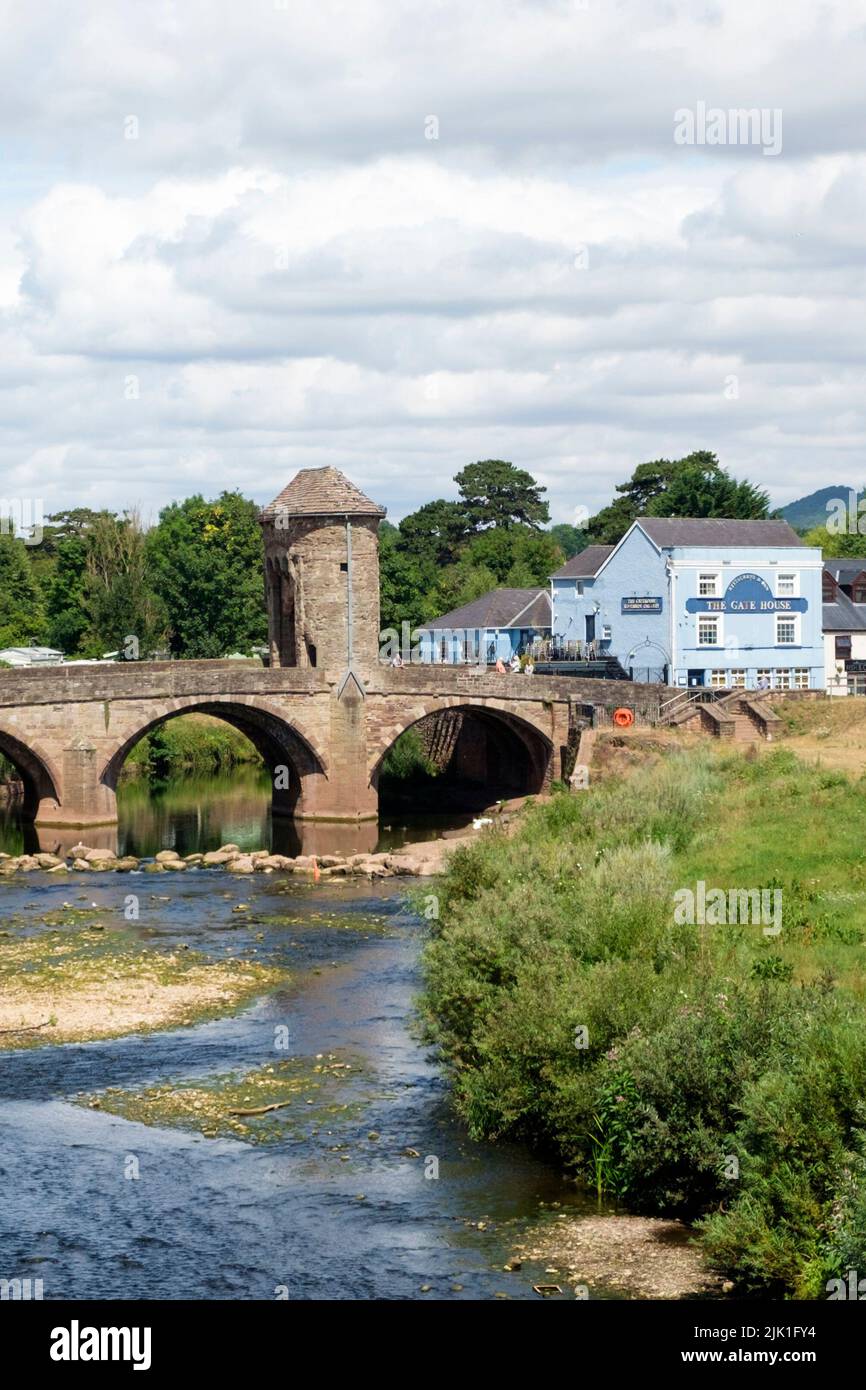 Around Monmouth a small town in the Wye Valley Monmouthshire Wales. Monnow Bridge and River Stock Photo