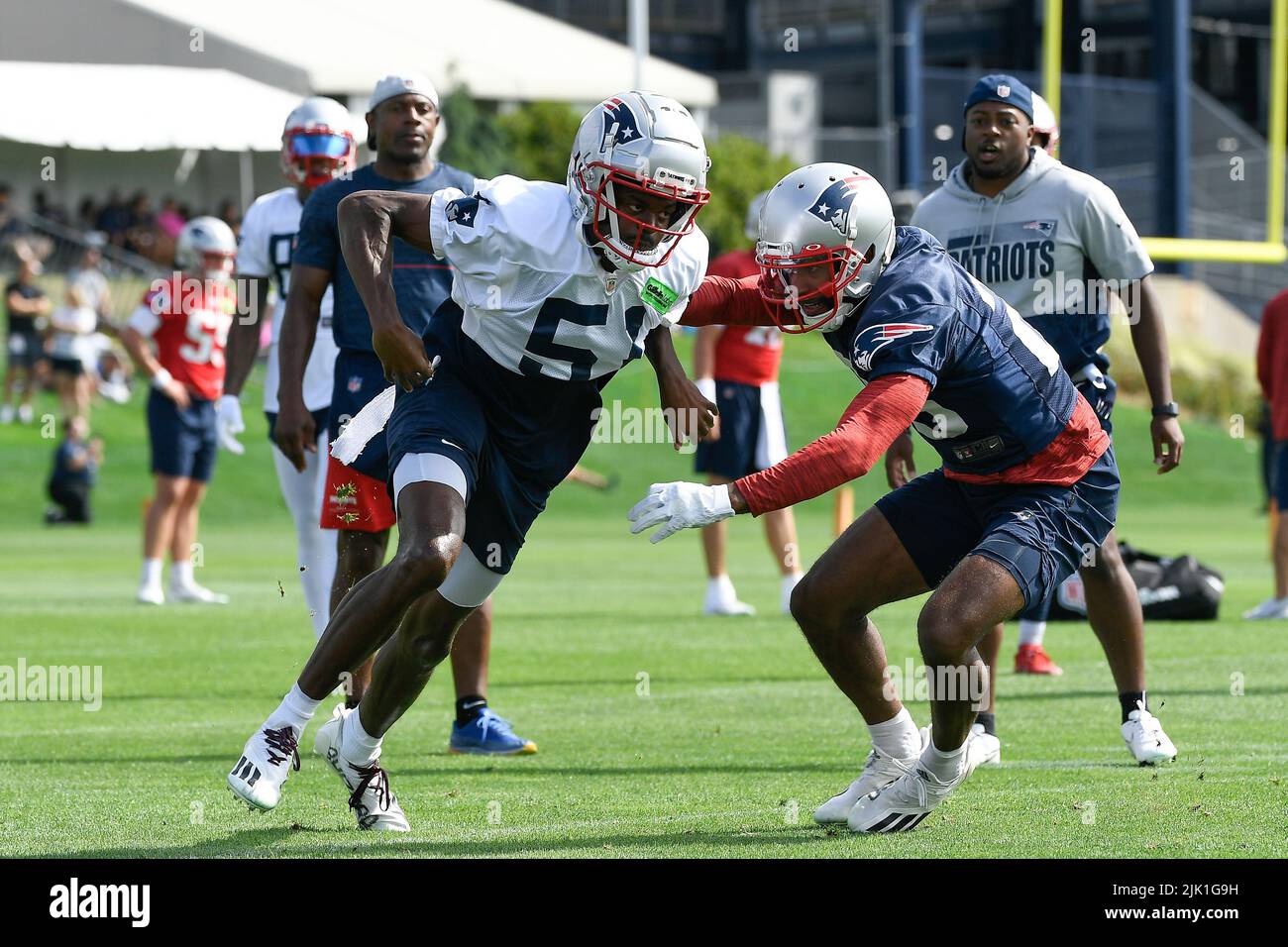 USA. 29th July, 2022. Foxborough, Massachusetts, USA. 29th July, 2022. MA, USA; New England Patriots defensive back Justin Bethel (29) covers wide receiver Tyquan Thornton (51) at the Patriots training camp held on the practice fields at Gillette Stadium, in Foxborough, Massachusetts. Eric Canha/CSM/Alamy Live News Credit: Cal Sport Media/Alamy Live News Stock Photo