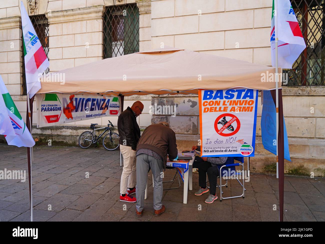 VICENZA, ITALY -16 APR 2022- View of supporters of the Italexit For Italy with Paragone political party, a Eurosceptic far right political party in It Stock Photo