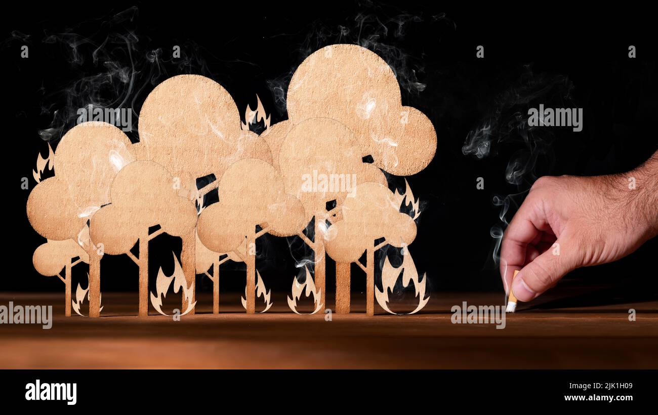 Forest of cardboard cutout burning and a hand with a badly extinguished