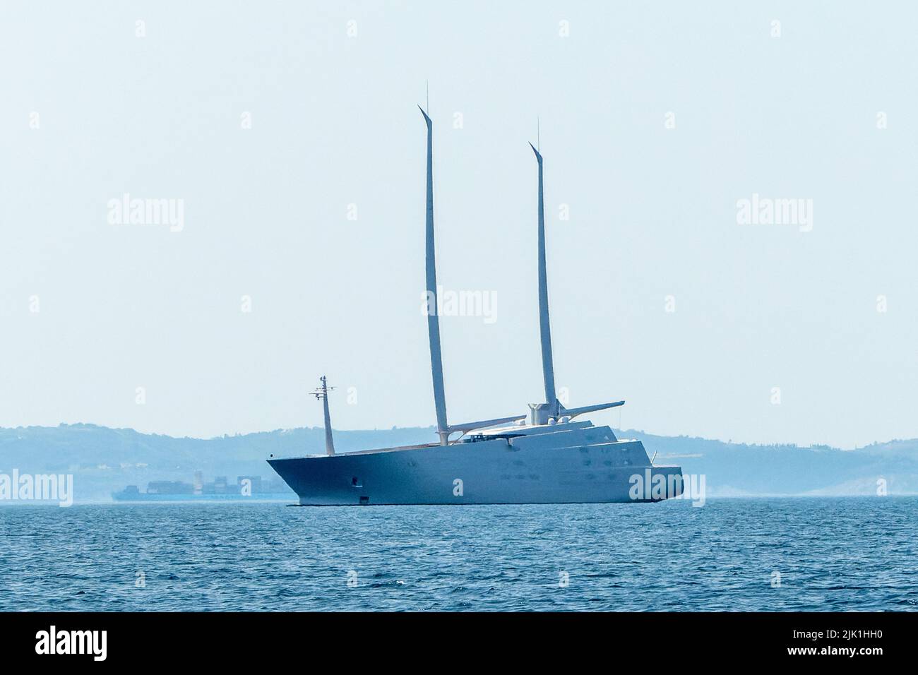 Trieste, Italy, 28 July 2022.  The biggest sailing yacht in the world sequestered in the Adriatic port of Trieste. The 530 million euro Sailing Yacht Stock Photo