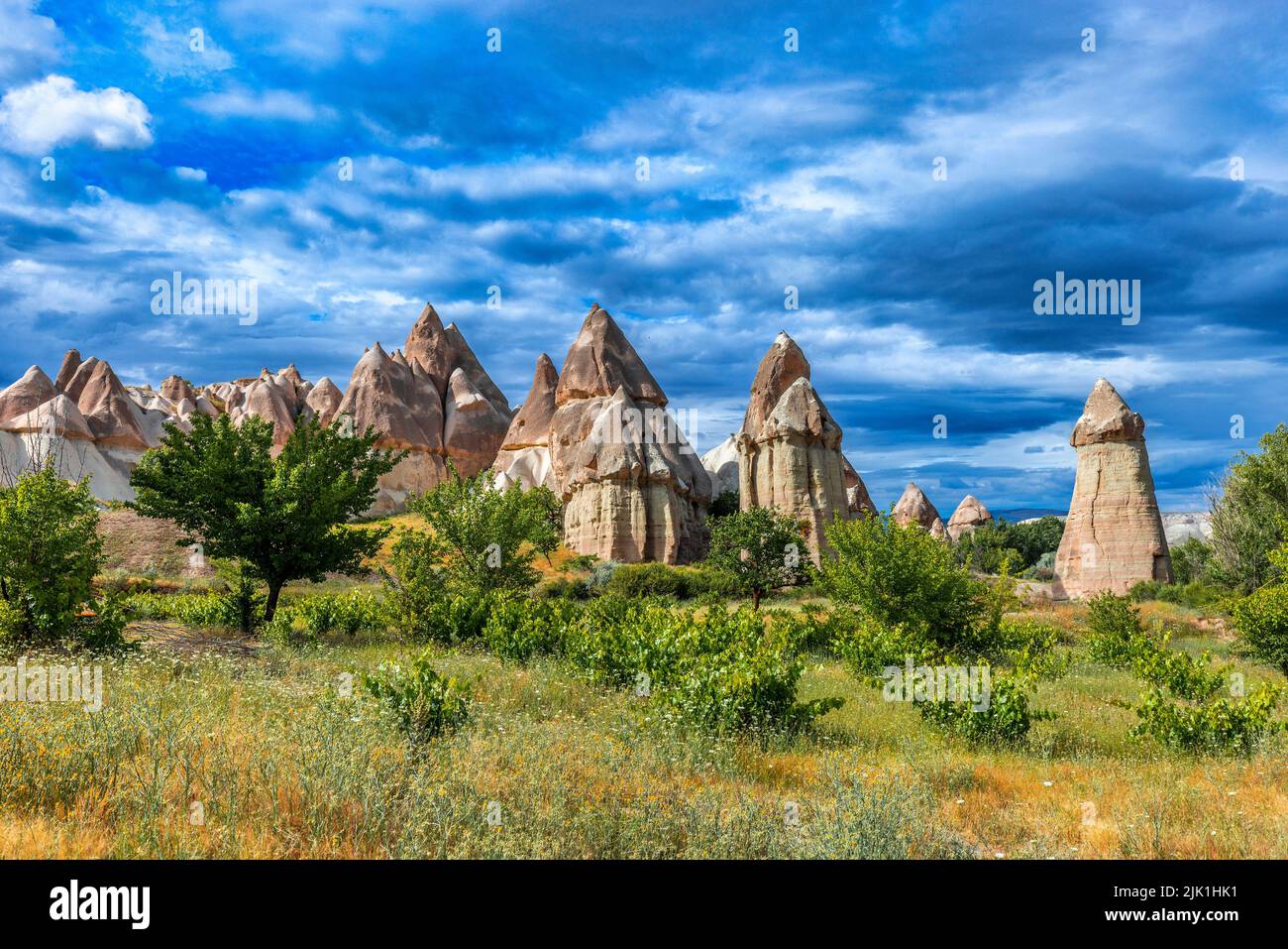 love valley rock formations, blue sky. goreme. Turkey. Stock Photo