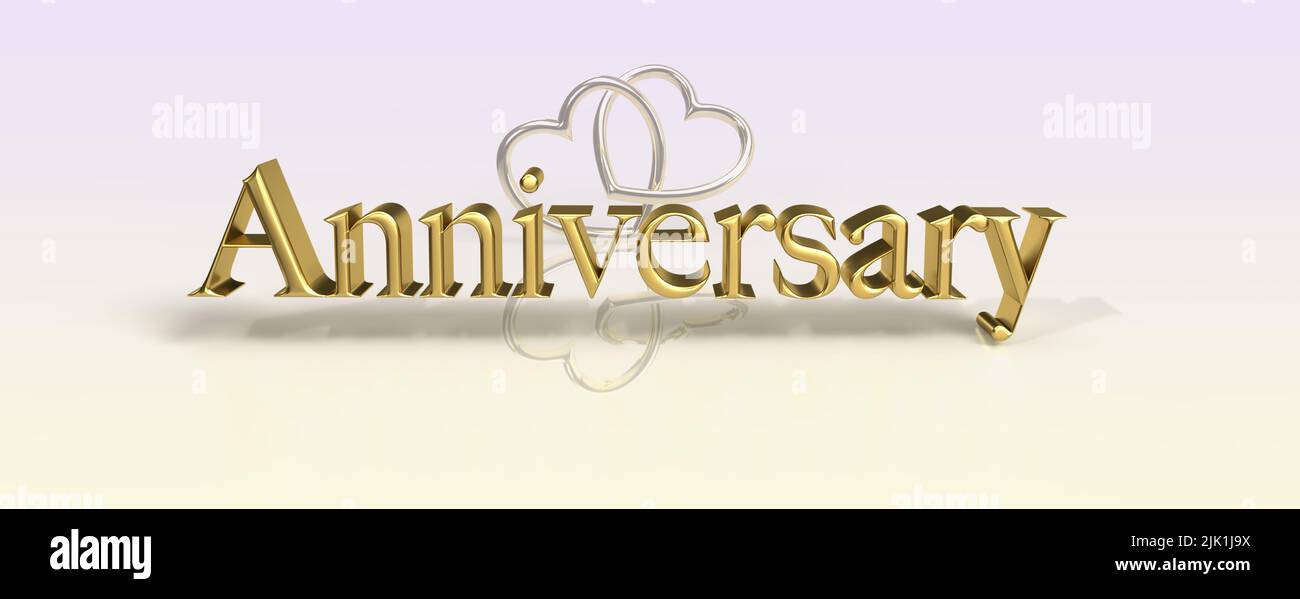 Anniversary 3D Render Gold text on an Iridescent Background with two interlocking heart shaped rings. Stock Photo