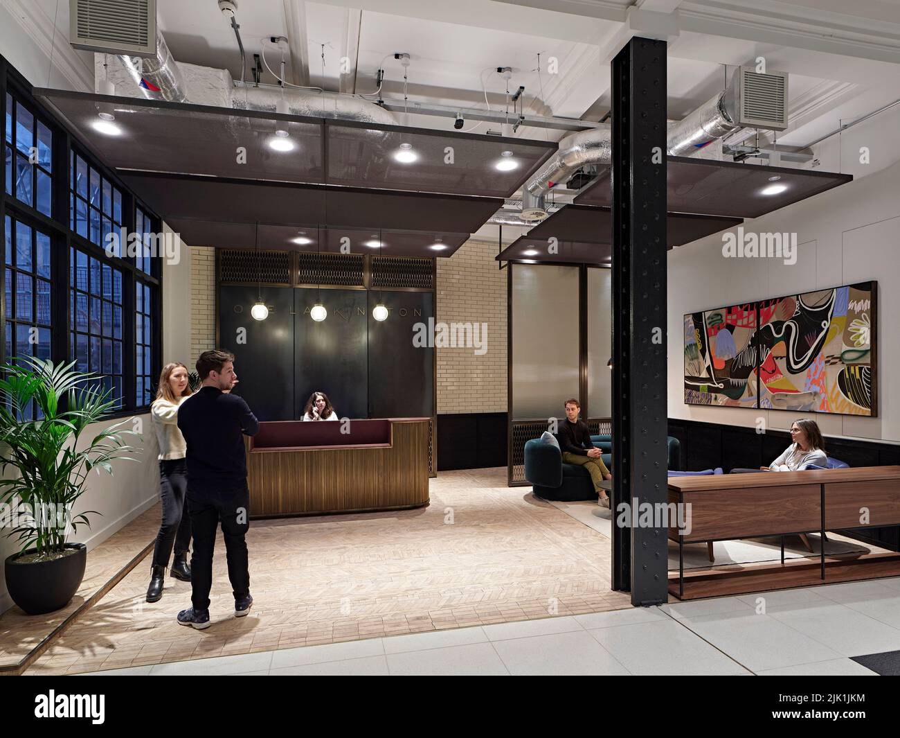 Reception area. The Gilbert & One Lackington, London, United Kingdom. Architect: Stiff + Trevillion Architects, 2021. Stock Photo