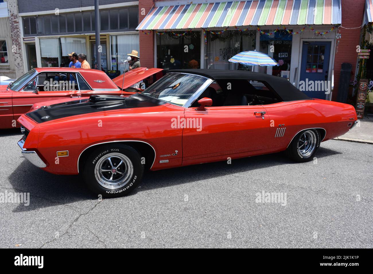 A 1970 Ford Torino GT 429 Cobra Jet on display at a car show. Stock Photo