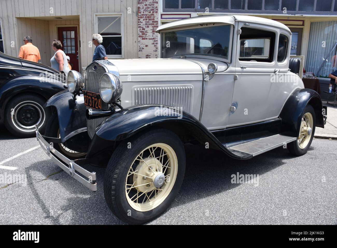 A 1930 Ford Model A with a Rumble Seat in the rear on display at a car show. Stock Photo